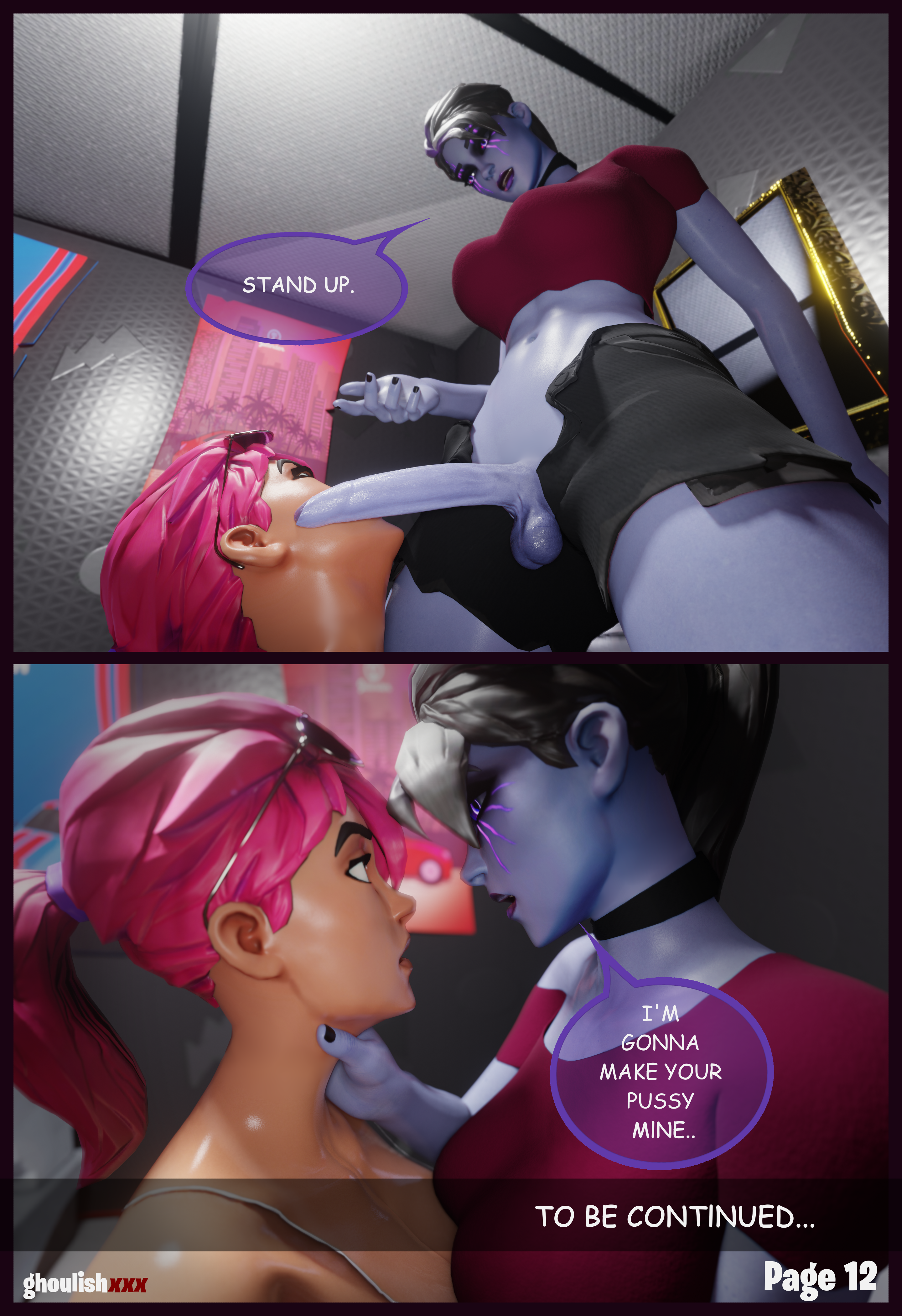 1futa, 1girls, 3d, after deepthroat, after oral, ass, athletic, athletic female, balls, balls fondling, bathroom, big ass, big breasts, big penis, blender, blowjob, blowjob face, blue penis, bottomwear, breasts, brite bomber, brown eyes, challenge accepted, choker, choking, cleavage, close-up, clothed, clothing, comic, comic page, conversation, curvaceous, curvy, curvy body, curvy female, curvy figure, dark bomber, dark skin, dark-skinned female, deepthroat mark, dirty talk, duo, emoji, epic games, erection, eye contact, eyelashes, face markings, facial markings, fellatio, female, foreskin, fortnite, futa on female, futanari, ghoulishxxx, glasses, glasses on head, glowing, glowing eyes, hand on crotch, hand on penis, highres, horny, horny female, huge cock, imminent sex, imminent vaginal, intersex, jacket, jean shorts, jeans, kneeling, legwear, light skin, light-skinned female, long penis, long socks, looking at another, looking at partner, looking at viewer, looking down, looking pleasured, looking up, multicolored hair, naughty face, naughty smile, nightclub, on knees, oral, oral penetration, oral sex, penis, penis out, petite, pink eyeshadow, pink hair, pleasure face, ponytail, purple body, purple skin, pussy, room, saliva, saliva on penis, saliva trail, seductive, seductive eyes, seductive look, seductive mouth, seductive smile, shirt, shocked, shocked expression, shoes, side view, sink, skinny, standing, stockings, sucking, sucking penis, sunglasses, sunglasses on head, surprised, surprised expression, tank top, text, text box, text bubble, thick ass, throat grab, toilet, tongue, tongue out, topwear, two-tone hair, uncircumcised, unzipped, unzipped pants, viewed from above, watermark
