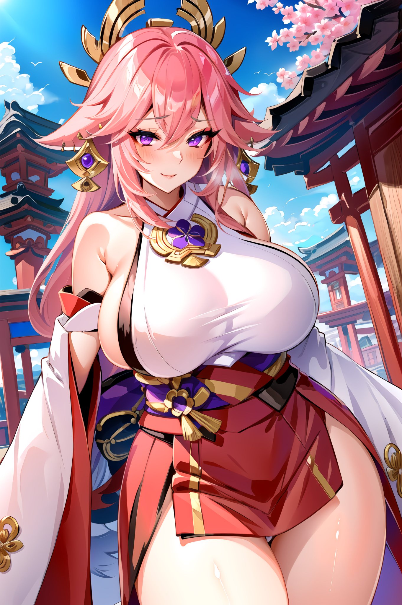 1girls, ai generated, breasts, curvy, curvy body, curvy female, curvy figure, female, female focus, female only, genshin impact, hi res, huge breasts, long hair, pink hair, seductive smile, solo, solo female, stable diffusion, yae miko