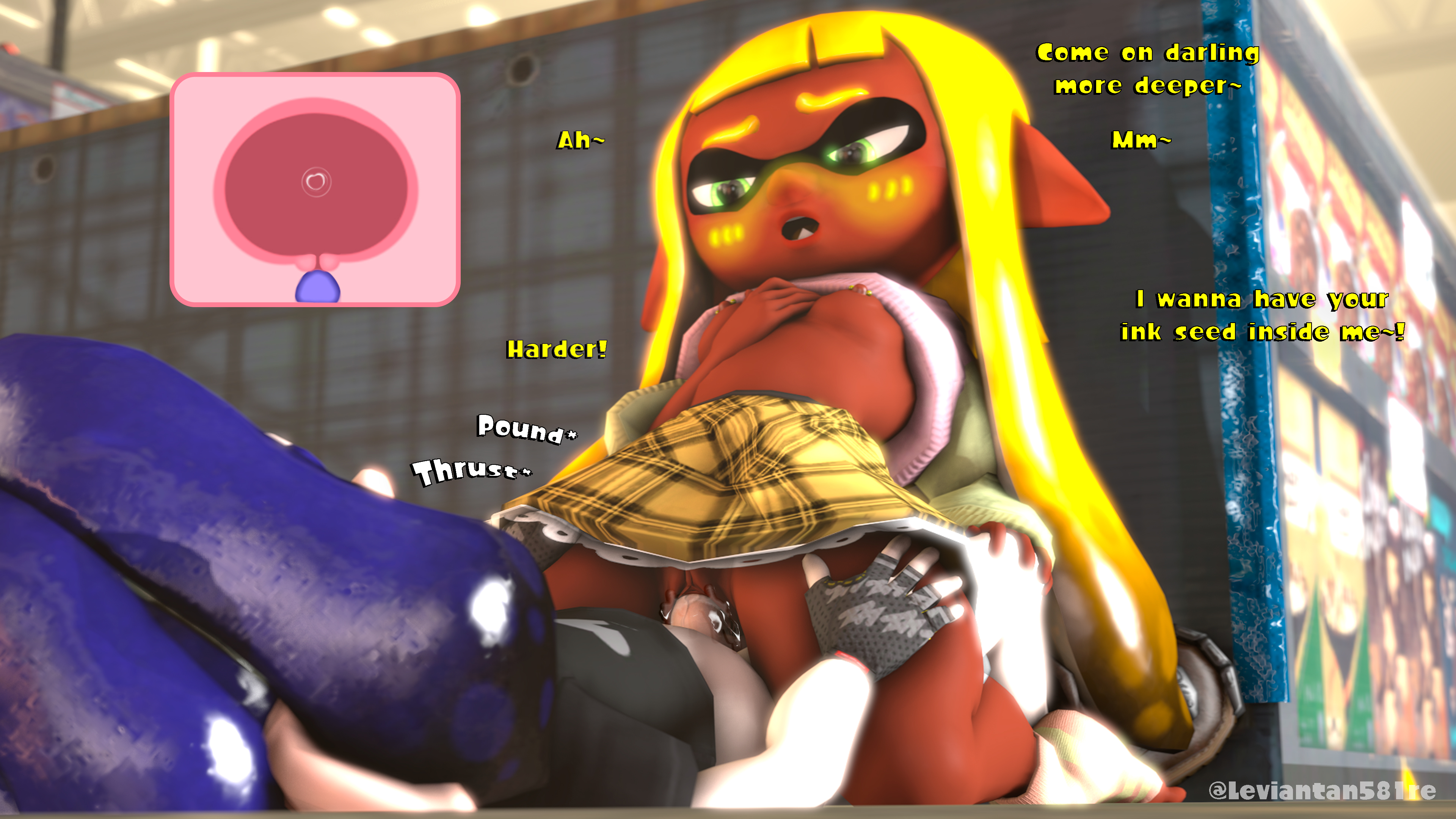 3d, blush, bodily fluids, bottomless, breasts, brown nipples, brown skin, clitoral hood, clitoris, cowgirl position, dark skin, dark-skinned female, erect nipples, female, female penetrated, green eyes, hand on thigh, humanoid, impregnation request, inkling, inkling boy, inkling girl, leviantan581re, light skin, light-skinned male, looking pleasured, male, male penetrating, male penetrating female, male/female, nintendo, nipples, no bra, no panties, penis, pierced nipples, piercing, pussy, pussy juice, school uniform, schoolgirl, shirt up, small breasts, splatoon, splatoon (series), tagme, tentacle hair, uterus, vaginal penetration, x-ray