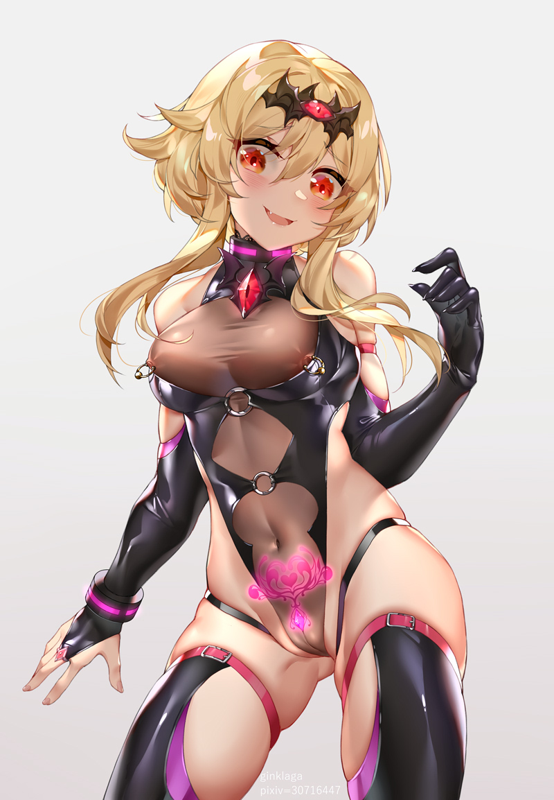 1girls black_leotard blonde_hair breasts bridal_gauntlets collar dark_persona elbow_gloves female female_only genshin_impact ginklaga gloves glowing_tattoo highleg highleg_leotard leotard looking_at_viewer lumine_(genshin_impact) medium_breasts midriff navel nipple_piercing nipple_rings nipples piercing pubic_tattoo red_eyes revealing_clothes see-through see-through_leotard short_hair_with_long_locks stockings tattoo thighhighs tiara