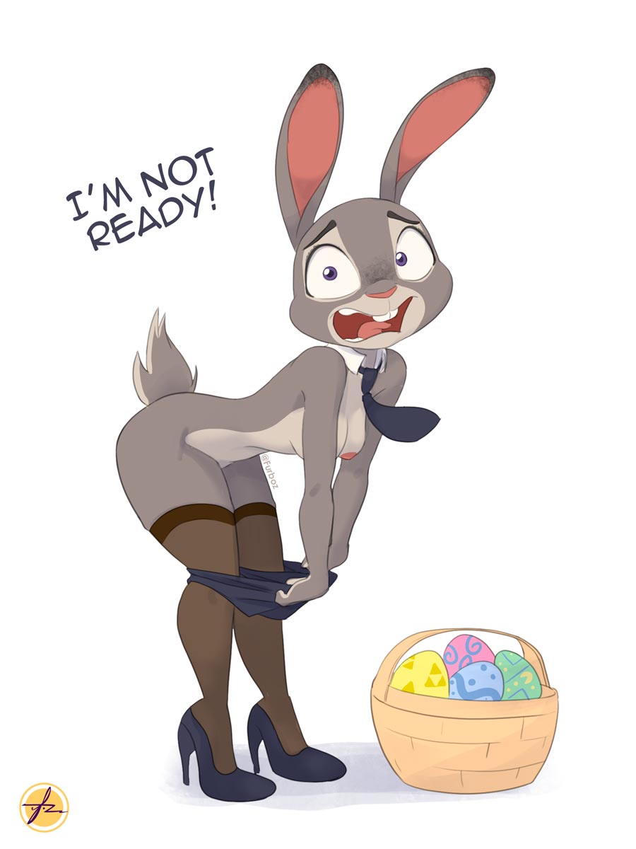 anthro, ass, breasts, clothing, dialogue, easter, easter egg, embarrassed, embarrassed nude female, enf, english text, female, furboz, high heels, holidays, judy hopps, medium breasts, naked footwear, naked heels, naked stockings, naked thighhighs, nude, rabbit, solo, stockings, tail, text, thighhighs, zootopia