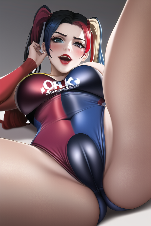 1girls, ai generated, blonde hair, blue eyes, blue hair, cameltoe, cheerleader, cheerleader uniform, close-up, dc, dc comics, female, harley quinn, multicolored hair, novelai, on floor, petite, presenting pussy, pussy, red hair, red lipstick, self upload, smile, spread legs, swimsuit, three-tone hair, twintails, viewed from below