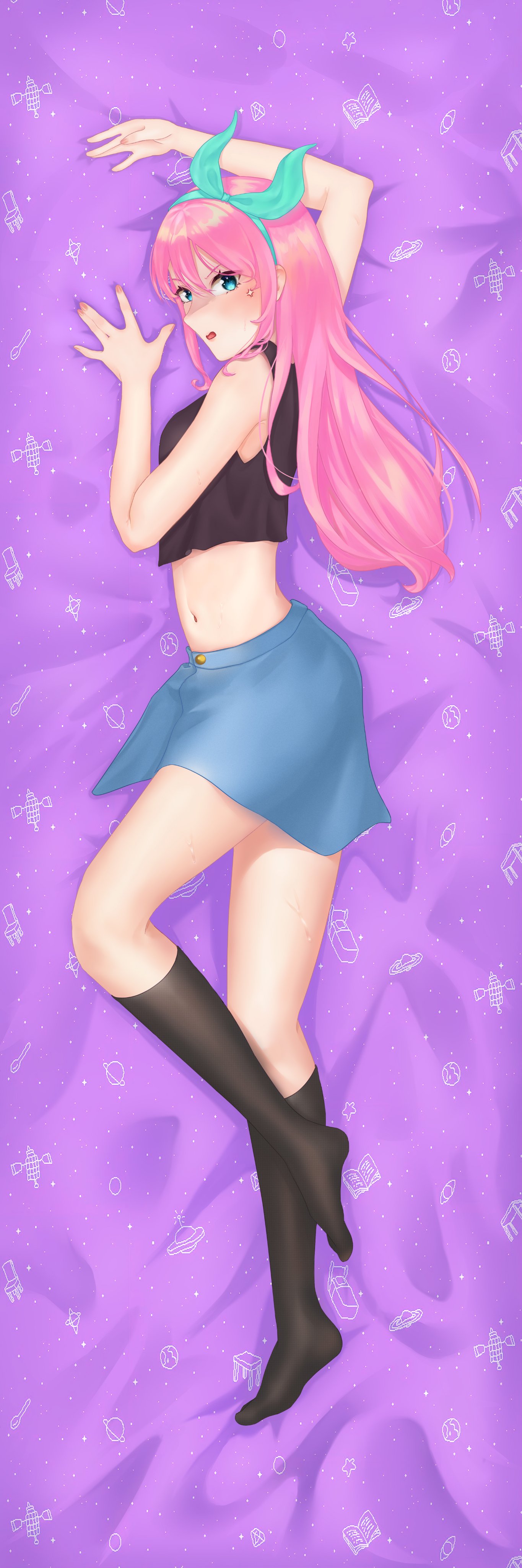 1girls, anger vein, ase4an, aubrey (omori), bed, blush, breasts, dakimakura design, female, female only, hair ornament, kneehighs, laying on bed, looking at viewer, looking back, medium breasts, omori, pink hair, solo, sweat, thighs