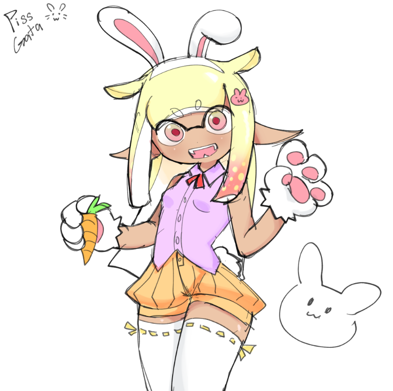 1girls bangs blonde_hair bunny bunny_ears bunny_girl bunny_tail carrot color colored_sketch dark-skinned_female dark_skin ear easter easter_bunny fangs flan_(pissgata) hair_pin inkling inkling_girl light-skinned_female light_skin long_hair multicolored_eyes nintendo open_mouth open_smile original original_character paws pink_hair pissgata pointy_ears recolor ribbon ribbons shorts signature simple_background sketch sleeveless sleeveless_shirt smile smiling smiling_at_viewer splatoon splatoon_(series) splatoon_2 splatoon_3 tan-skinned_female tanned_female tanned_skin thighhighs two_tone_hair vampire_squid vampire_squid_girl waving white_background