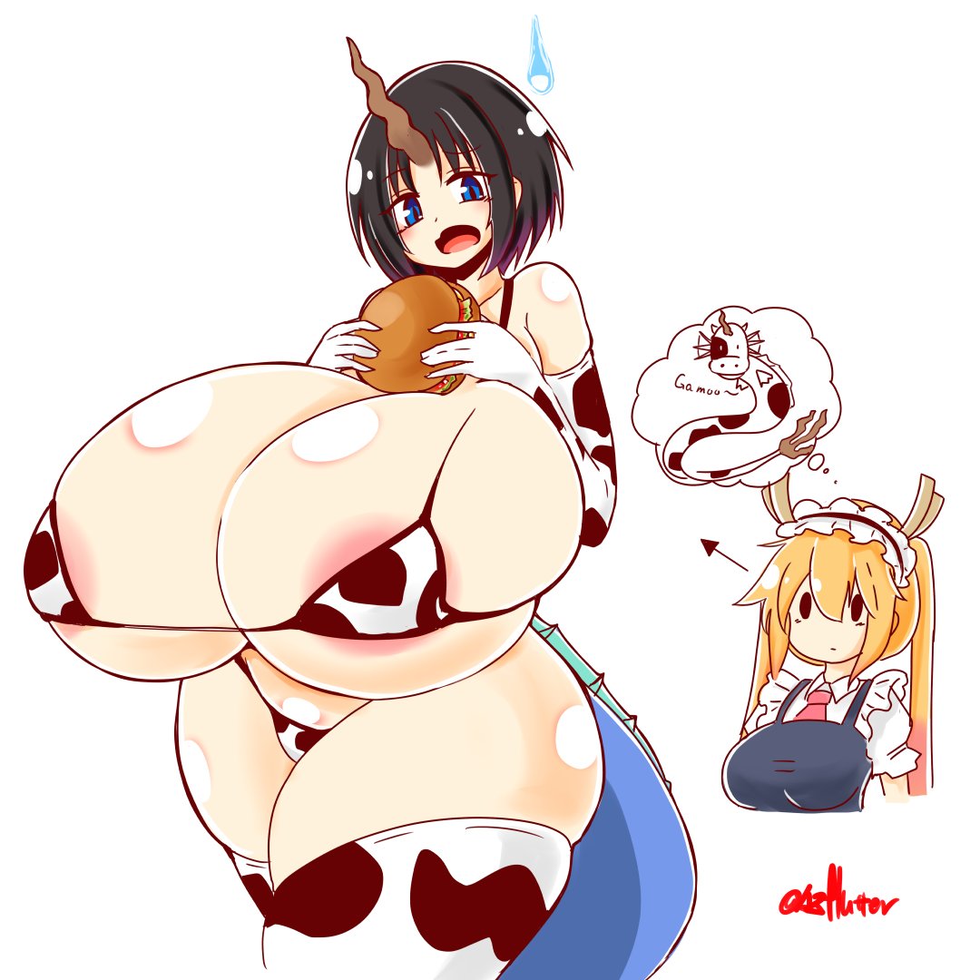 areolae areolae_visible_through_clothing azflutter bikini cow_bikini cow_print dragon_girl eating elma_(dragon_maid) hamburger huge_breasts hyper_breasts kobayashi-san_chi_no_maidragon miss_kobayashi's_dragon_maid plump thighhighs tight_clothing tohru_(dragon_maid) venus_body voluptuous voluptuous_female