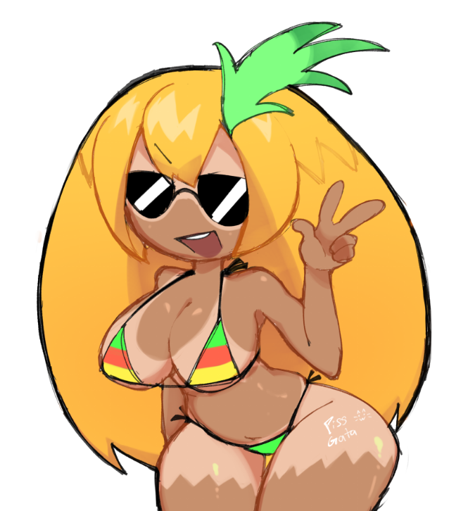 1girls bikini female open_smile pineapple_toppin pissgata pizza_tower sunglasses tanline toppin_gals toppin_gals_minus8 v_sign