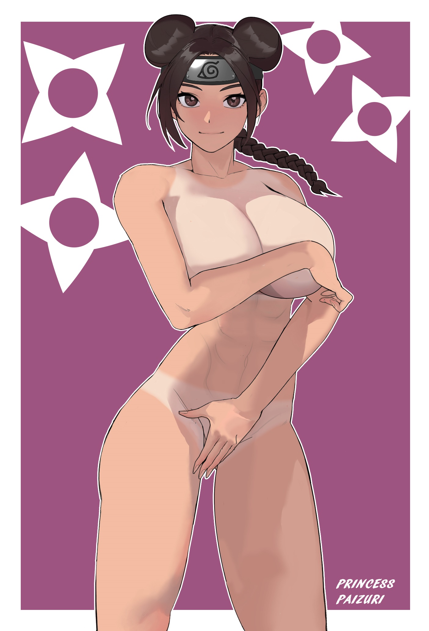 alternate hairstyle, athletic, athletic female, bare shoulders, braid, braided ponytail, breasts, brown eyes, brown hair, busty, cleavage, completely nude, covering, covering breasts, covering crotch, covering self, double bun, female, female only, fit, fit female, forehead protector, hair bun, hairband, headband, huge breasts, konohagakure symbol, kunoichi, looking at viewer, midriff, naked, naruto, naruto (series), naruto shippuden, naruto: the last, ninja, nude, princess paizuri, seductive, smile, solo, solo focus, standing, sunlight, tan, tanline, tenten, tied hair, voluptuous, wide hips