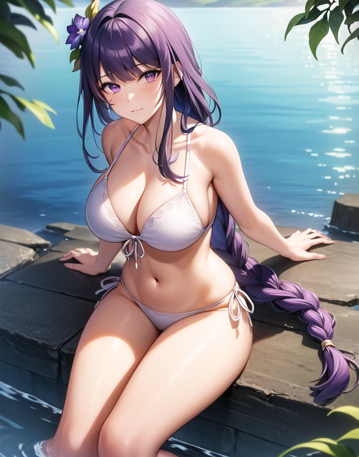 1girls, ai generated, bikini, curvy body, curvy female, curvy figure, female, genshin impact, long hair, raiden shogun, solo, solo female, stable diffusion, violet hair, voluptuous female