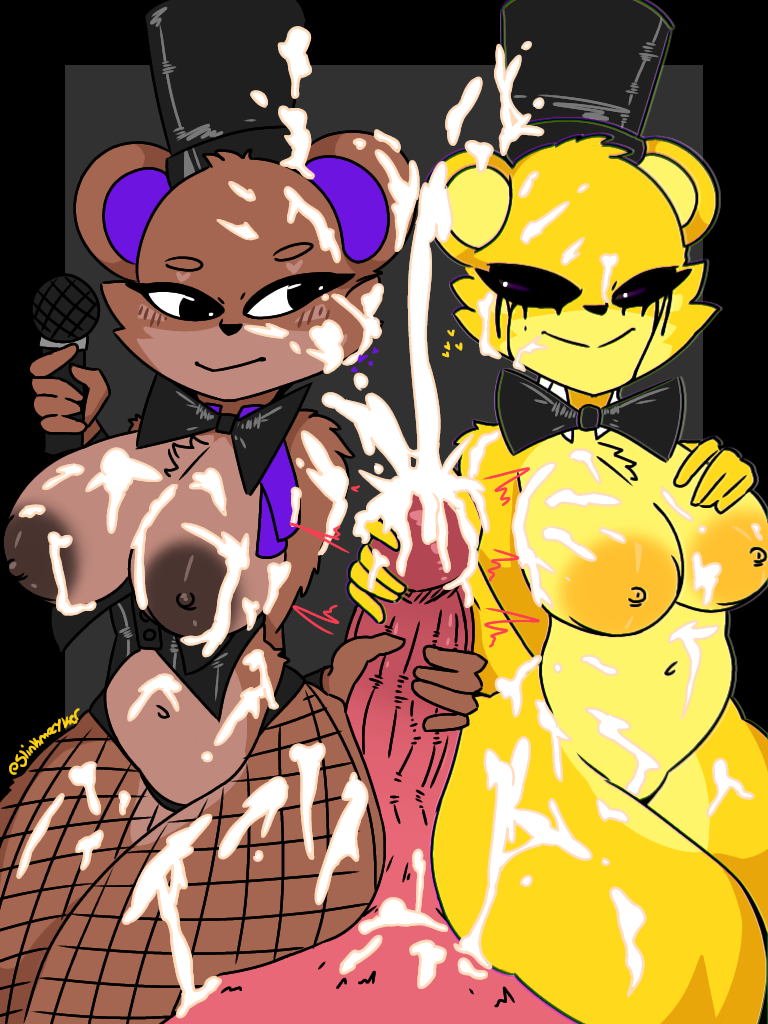 1futa 2girls anthro black_eyes bow brown_fur cum cum_on_hand duo_focus ejaculation excessive_cum female female_focus fishnets five_nights_at_freddy's five_nights_at_fuzzboob's foxy_(fnaf) freddy_(fnaf) futa_on_female futanari golden_freddy_(fnaf) handjob hat slinkmayker yellow_fur