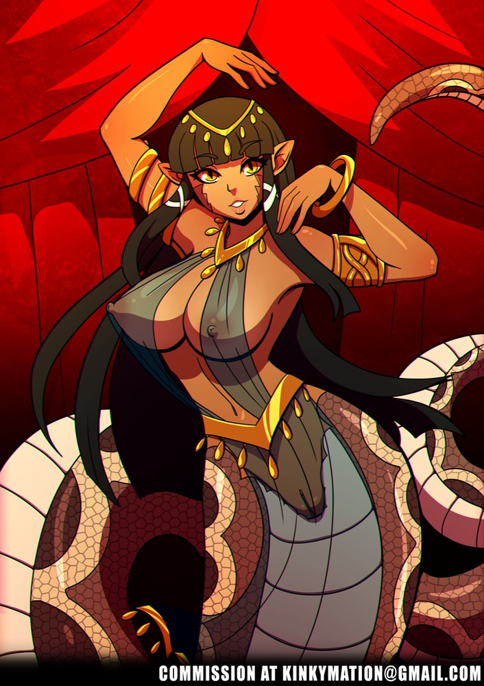breasts, character request, copyright request, female, furry, kinkymation, lamia, large breasts, naga, nipple bulge, nipples, nipples visible through clothing, pussy, snake girl