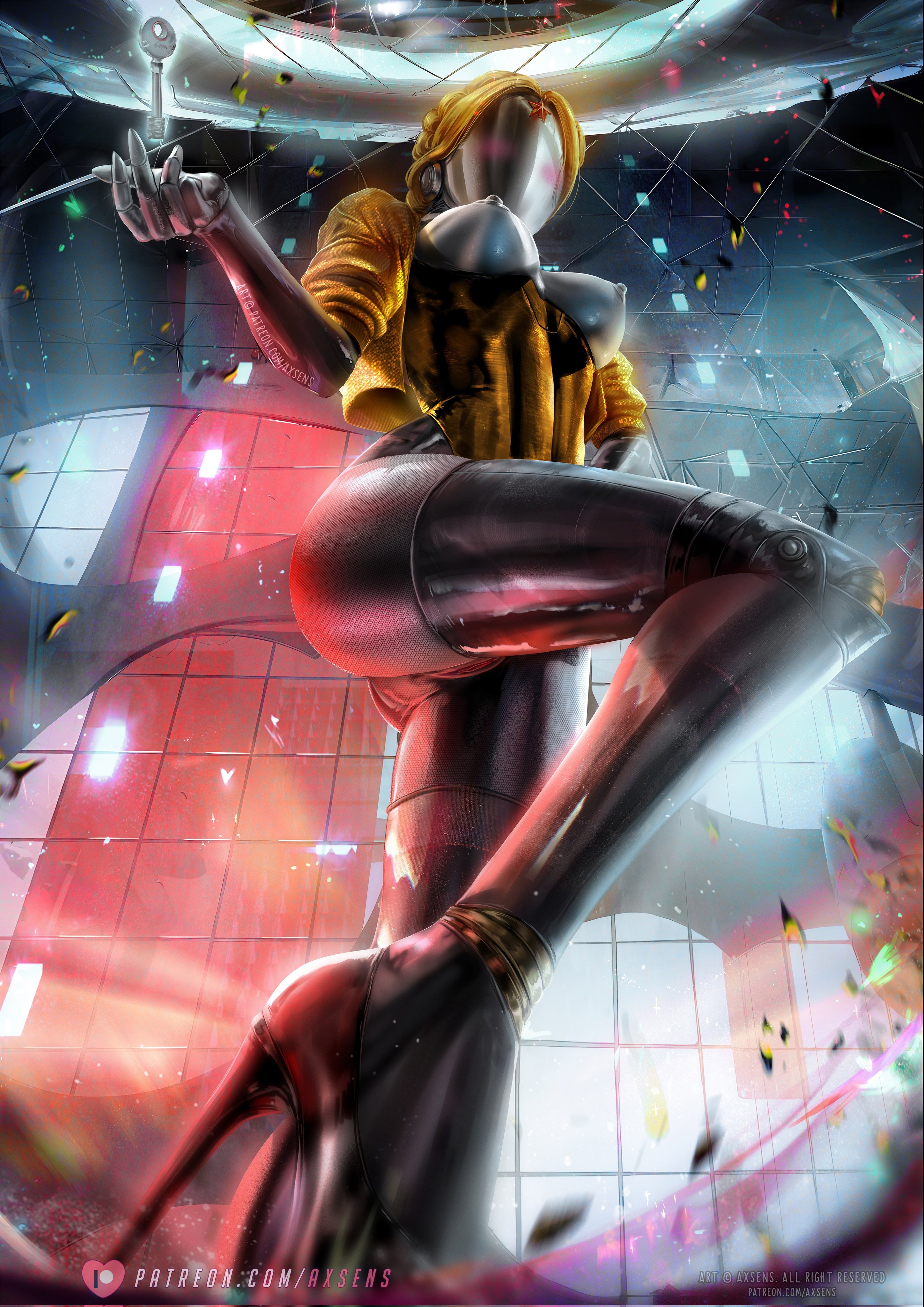 1girls, atomic heart, axsens, blush, breasts, female, heels, high heels, jacket, left (atomic heart), medium breasts, metallic body, no face, pussy, robot, robot girl, the twins (atomic heart), yellow jacket
