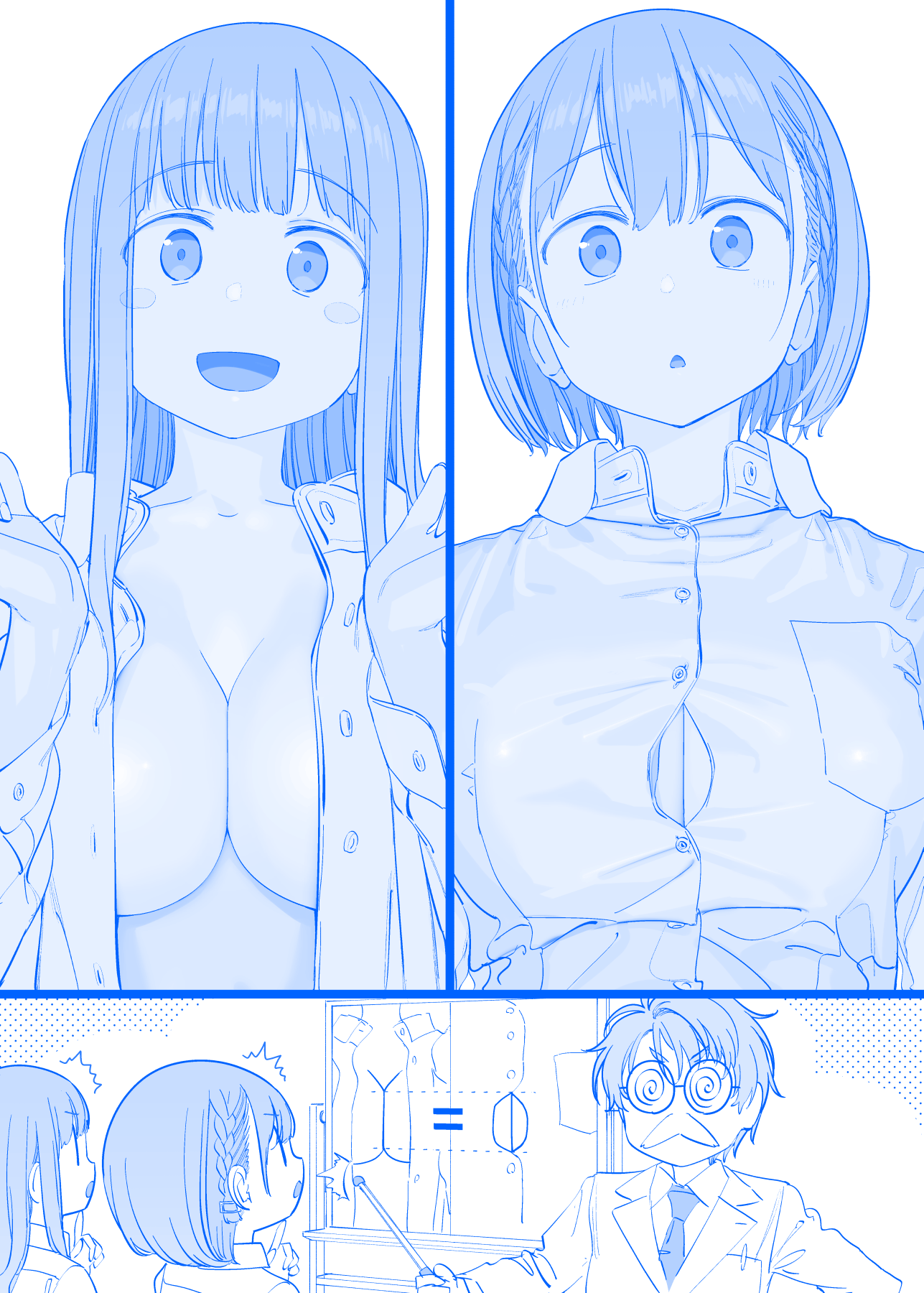 3girls :o ^^^ ai-chan's_sister_(tawawa) ai-chan_(tawawa) blue_theme blunt_bangs blush_stickers braid breasts button_gap collarbone commentary commentary_request disguise fake_facial_hair fake_mustache getsuyoubi_no_tawawa glasses highres himura_kiseki labcoat large_breasts long_hair looking_at_another looking_at_viewer monochrome multiple_girls necktie open_clothes open_mouth open_shirt short_hair single_braid sisters smile volley-bu-chan_(tawawa)