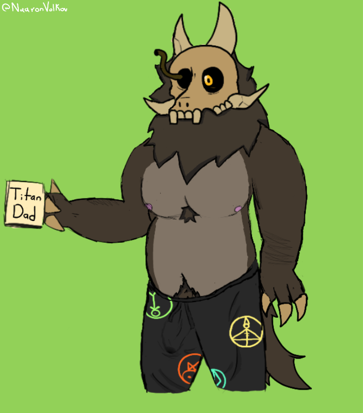 1_eye anthro beard bodily_fluids bone bottomwear brown_body bulge canid canine chest_tuft claws clothed clothing container cup detailed_bulge disney erection erection_under_clothing facial_hair fur genital_fluids genital_outline hair holding_mug holding_object horn humanoid male male_only mammal mature_male mug pants papa_titan_(the_owl_house) penis_outline precum precum_through_clothing pubes skull skull_head solo soren_vantablack straight_hair tail teeth the_owl_house titan_(the_owl_house) tuft wet wet_clothing yellow_eyes