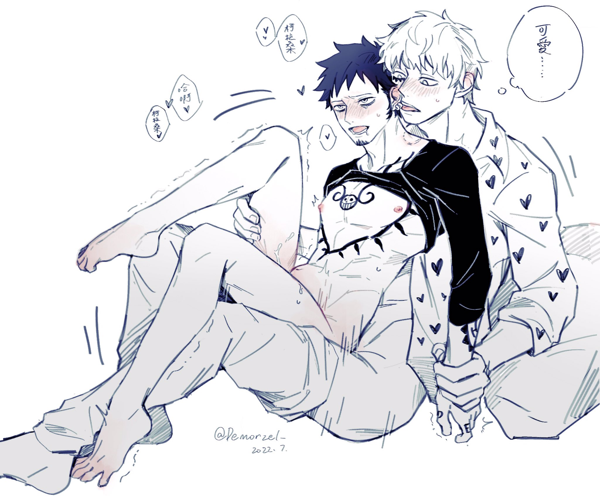 2boys, barefoot, bite mark, blush, bottomless, chest tattoo, chinese text, demorzel, donquixote rosinante, facial hair, from behind, full body, gay, goatee, height difference, implied anal, leg grab, leg up, looking pleasured, male, male only, motion lines, one piece, open mouth, pants down, restricted palette, shirt up, sitting on lap, sitting on person, sleeves rolled up, spot color, stomach bulge, tattoo, tattoos, toe curl, toned, toned male, trafalgar law, trembling, wrist grab, yaoi