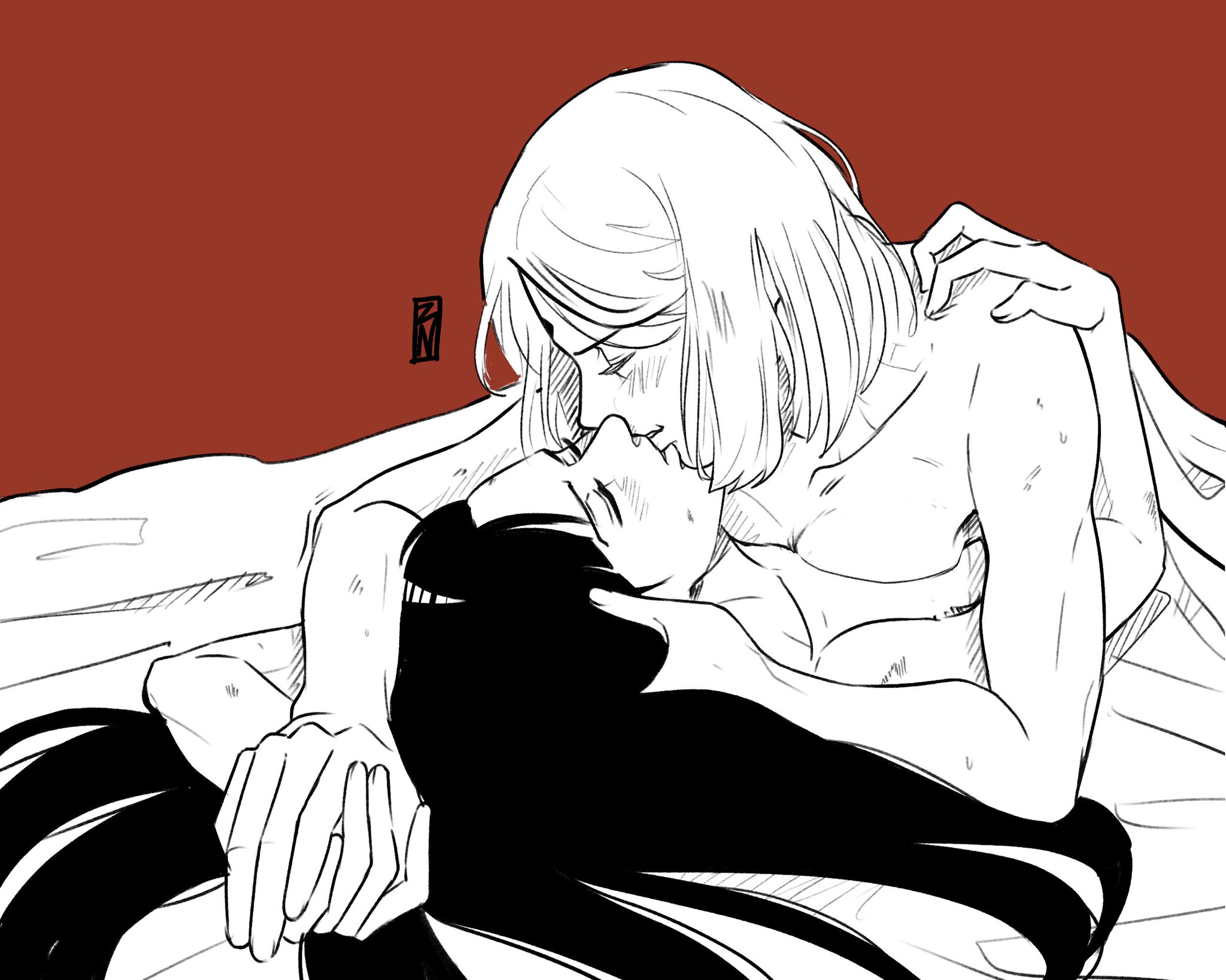 2girls, after sex, bed, bedsheets, black and white, breast press, breast squish, breasts, cleavage, couple, cuddling, embrace, female, female only, holding hands, hyuuga hinata, kissing, lying on person, naruto, naruto (series), naruto: the last, nude, on top, romantic, sakura haruno, symmetrical docking, yuri, zinoe