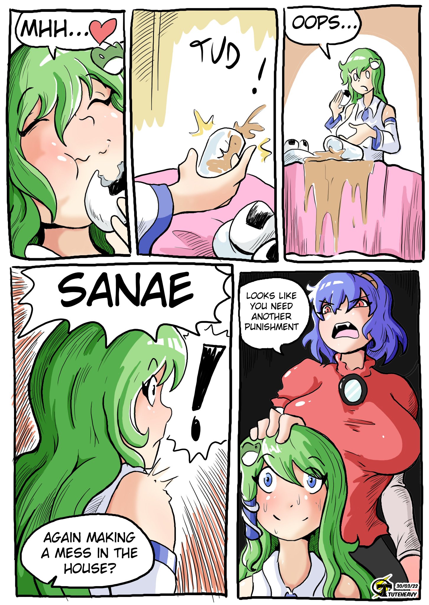 better version at source, blue hair, clothed, clothing, comic, dialogue, english text, female, fully clothed, futa focus, futanari, green hair, intersex, kanako yasaka, sanae kochiya, text, touhou, tuteheavy
