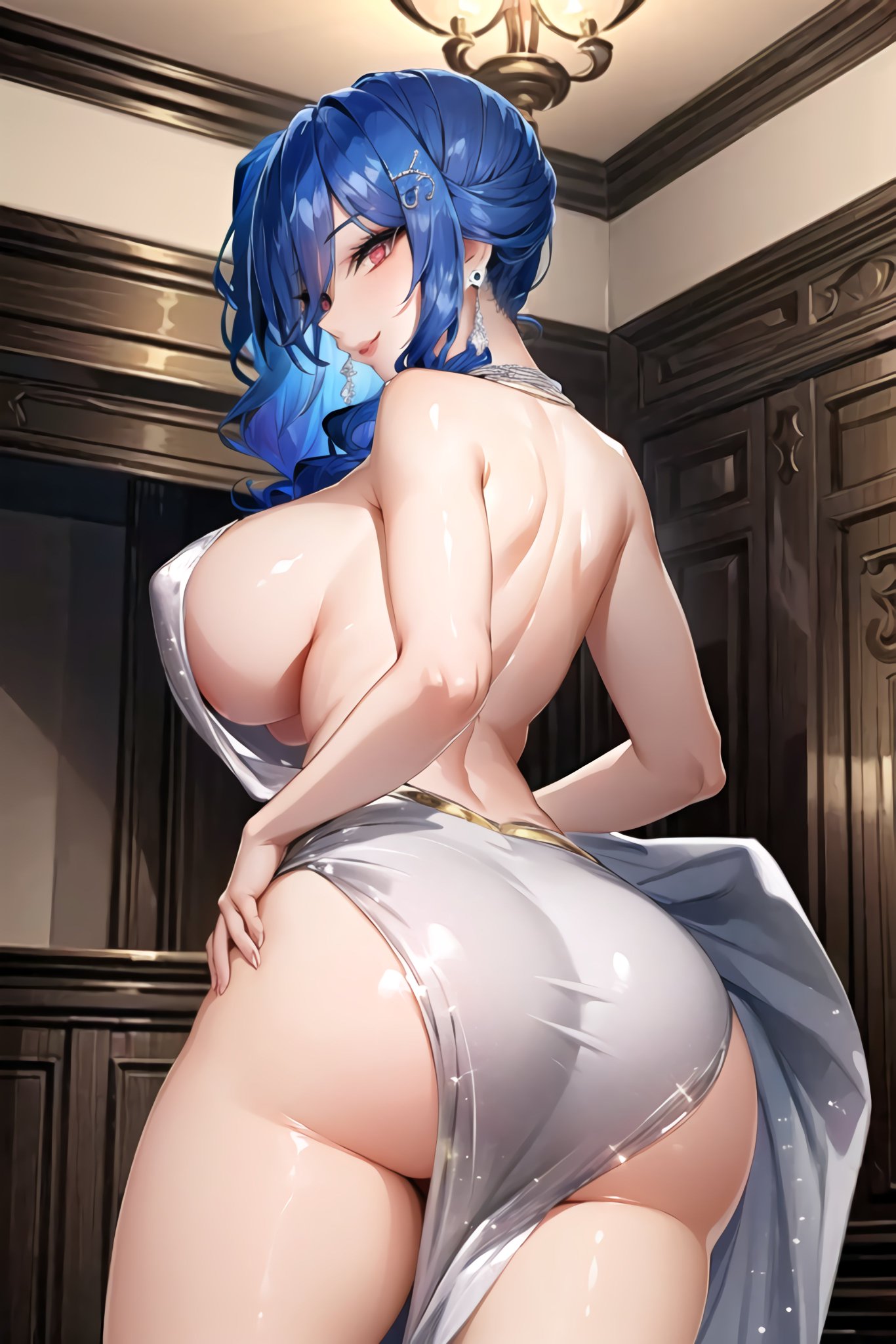 1girls, ai generated, azur lane, breasts, curvaceous, curvy body, curvy female, curvy figure, dress, earrings, female, female focus, female only, highres, huge breasts, looking at viewer, looking back, seductive look, skirt, solo, solo female, st. louis (azur lane), stable diffusion