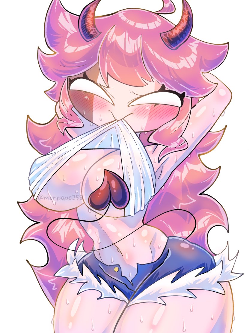1girls, armpits, big breasts, blush, blushing, breasts, demon, demon girl, demon horns, demon tail, facepaint, female, female only, friday night funkin, hands behind head, horns, hourglass figure, huge thighs, jean shorts, long hair, monpopo358, pink hair, sarvente, sarvente (dokki.doodlez), sarvente (friday night funkin), shirt in mouth, shirt lift, sweat, sweating, tagme, thick thighs, undressing, white shirt