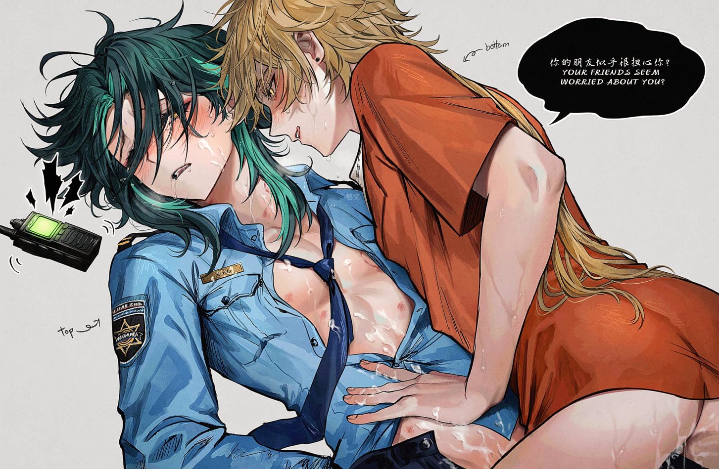 2boys, aether (genshin impact), anal, anal sex, cum, dominant femboy, femboydom, genshin impact, keusthedoggie, male, male focus, male only, pointy chin, police uniform, text, xiao (genshin impact), yaoi