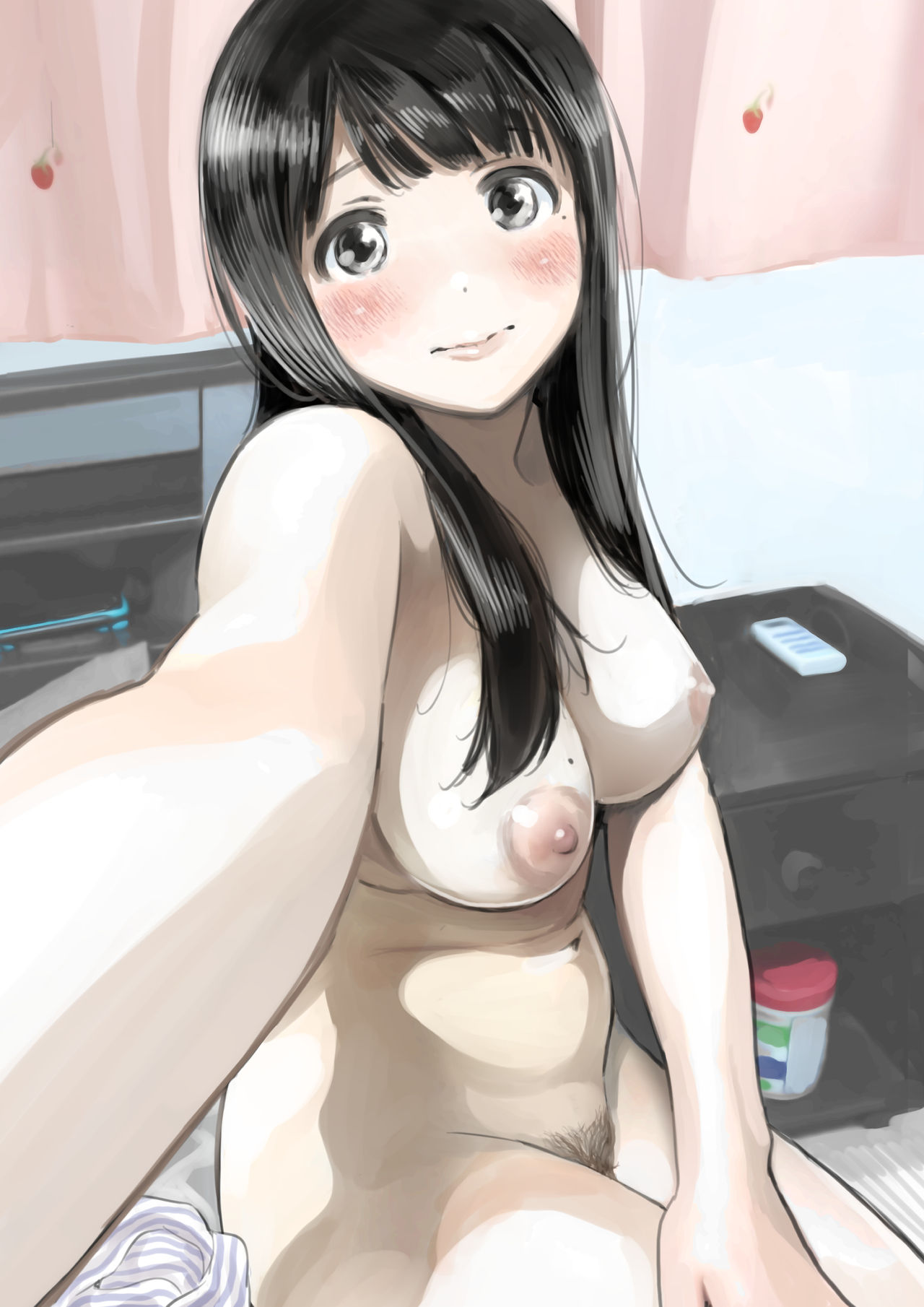 1girls, black eyes, black hair, chocoro (amato no ekaki), female, female only, nude