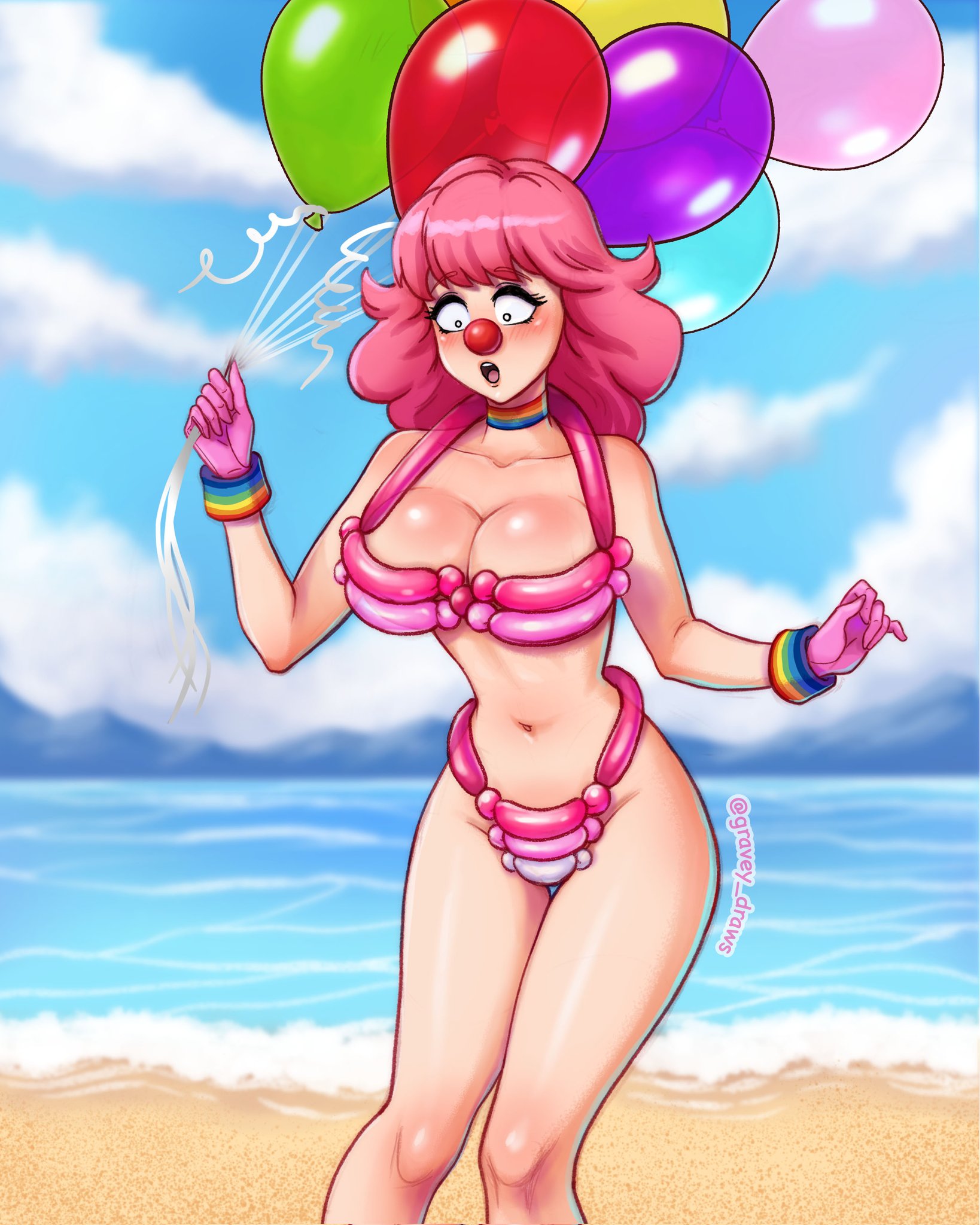 1girls, balloon, balloons, beach, bikini, blush, breasts, cleavage, clown girl, clown nose, female, geiru toneido, gloves, gravey draws, gyakuten saiban, large breasts, long hair, navel, pink hair, slim waist, solo, surprised