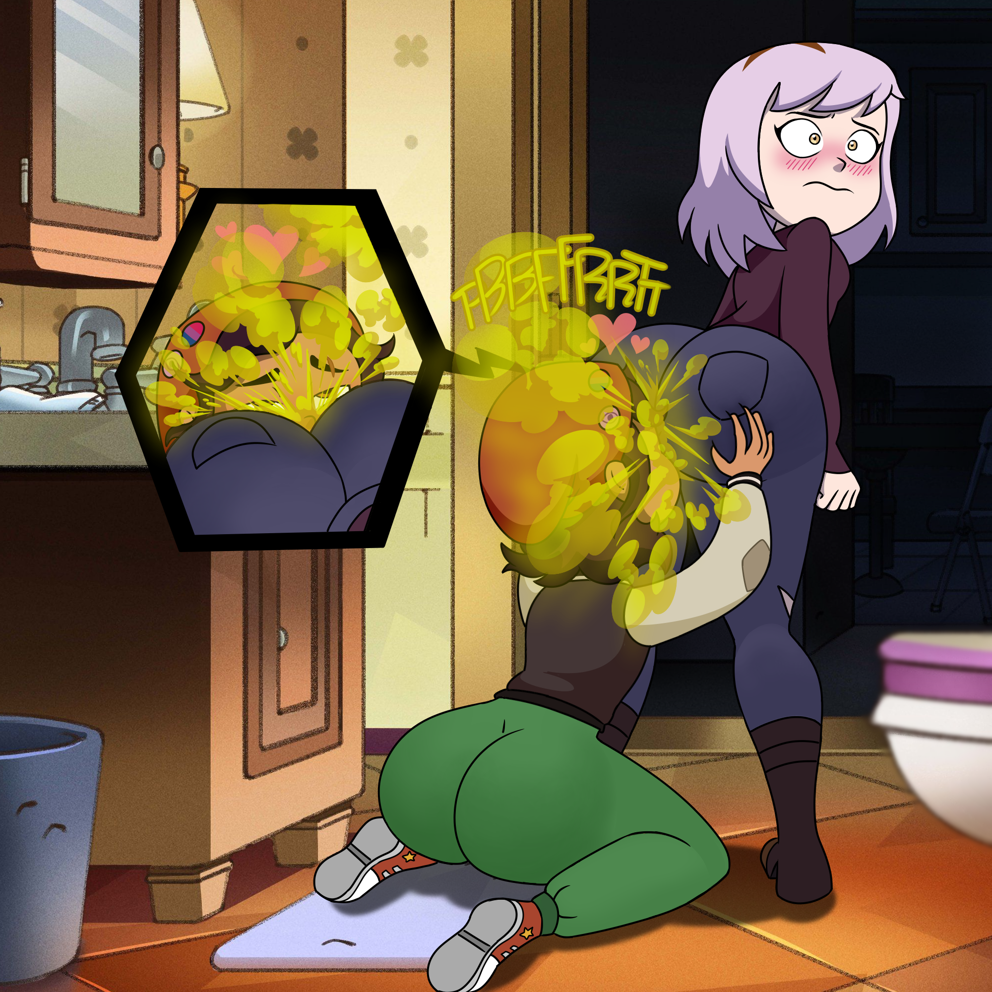 amity blight, ass, bathroom, beanie, big ass, big butt, blush, dark skin, dark-skinned female, dark-skinned sub, different angle, disney, disney channel, elf, enjoying farts, face in ass, fart, fart fetish, farting, farting in face, female, heart, human, jeans, light skin, light-skinned female, luz noceda, onomatopoeia, pink hair, the owl house, thomzone, yellow eyes, yuri