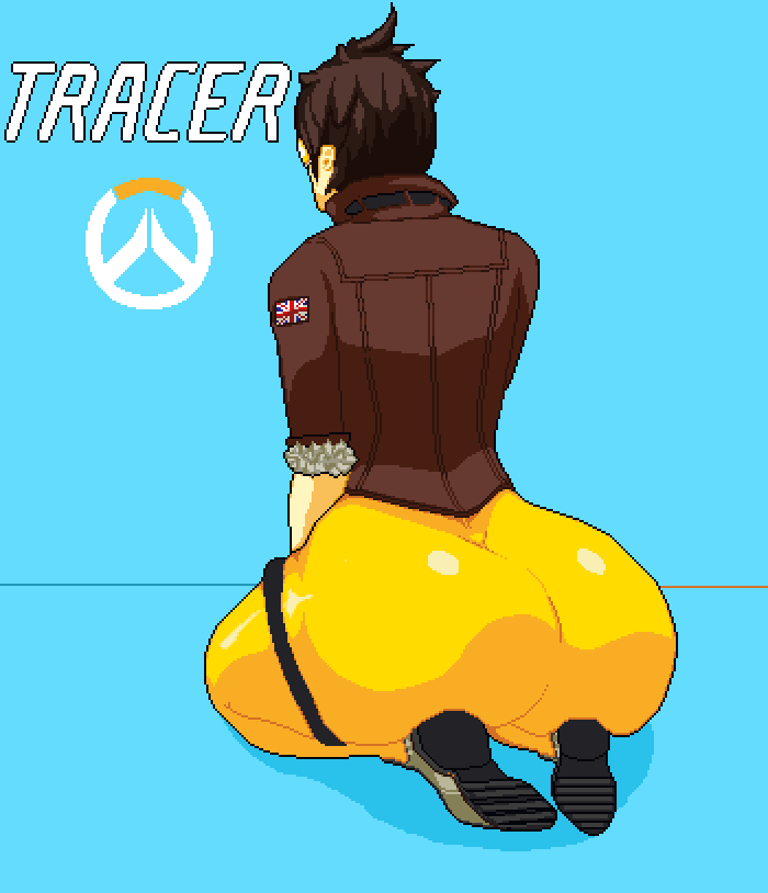 back back_view baldur_89 big_ass blizzard_entertainment brown_hair fat_ass glasses jacket latex lena_oxton overwatch overwatch_2 pixel_art tight_pants tomboy tracer yoga_pants