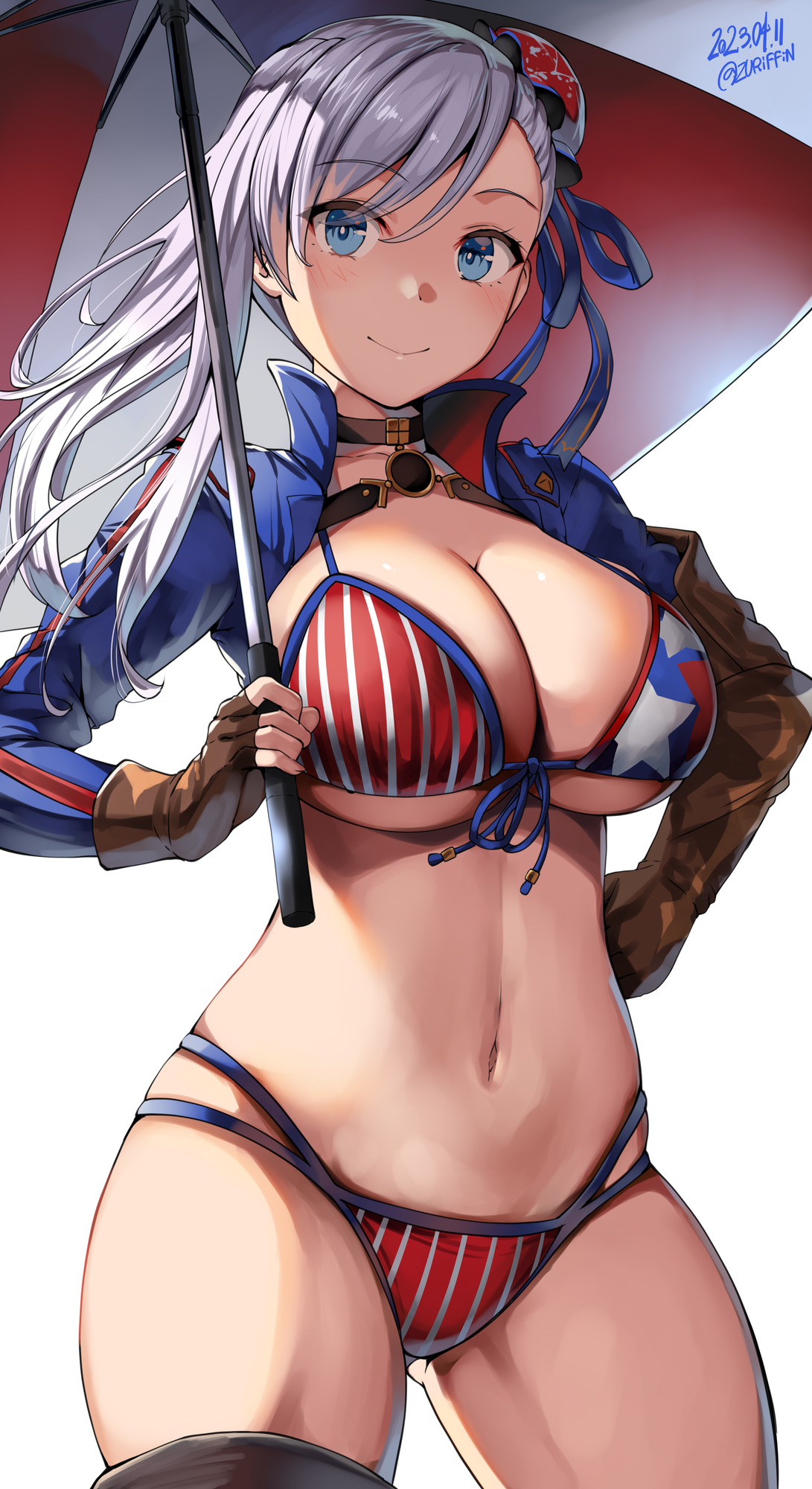 1girls, american flag bikini, asymmetrical hair, belko, bikini, blue eyes, breasts, fate (series), fate/grand order, female, hi res, hips, huge breasts, large breasts, light skin, light-skinned female, massive breasts, medium hair, miyamoto musashi (fate), miyamoto musashi (swimsuit berserker), navel, pink hair, solo, thick thighs, thighs, wide hips