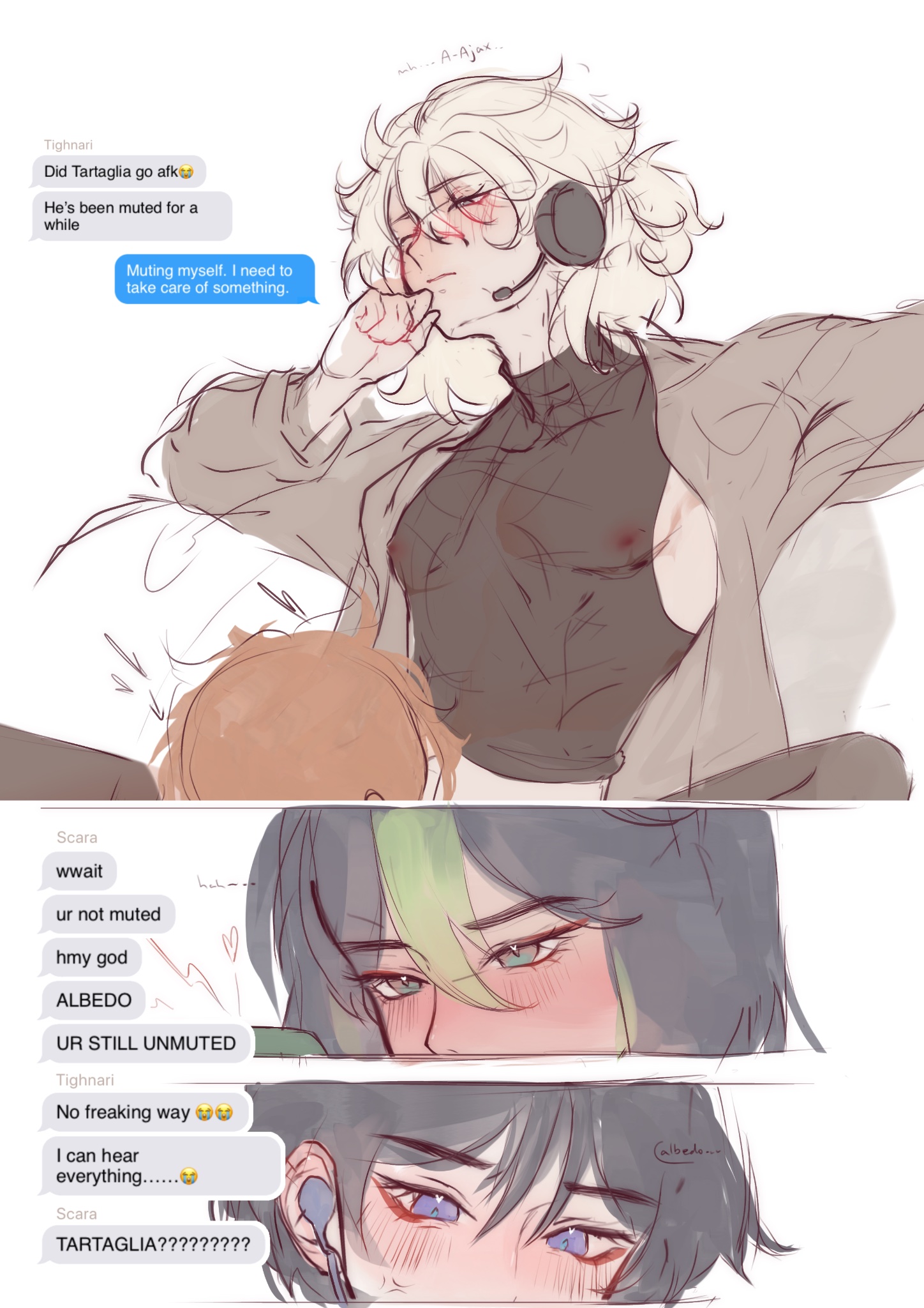 albedo (genshin impact), blush, comic, english text, gaming, gay, genshin impact, headphones, listening, listening to moaning, male, male only, multiple boys, scaramouche (genshin impact), tagme, tartaglia (genshin impact), text, tighnari (genshin impact)