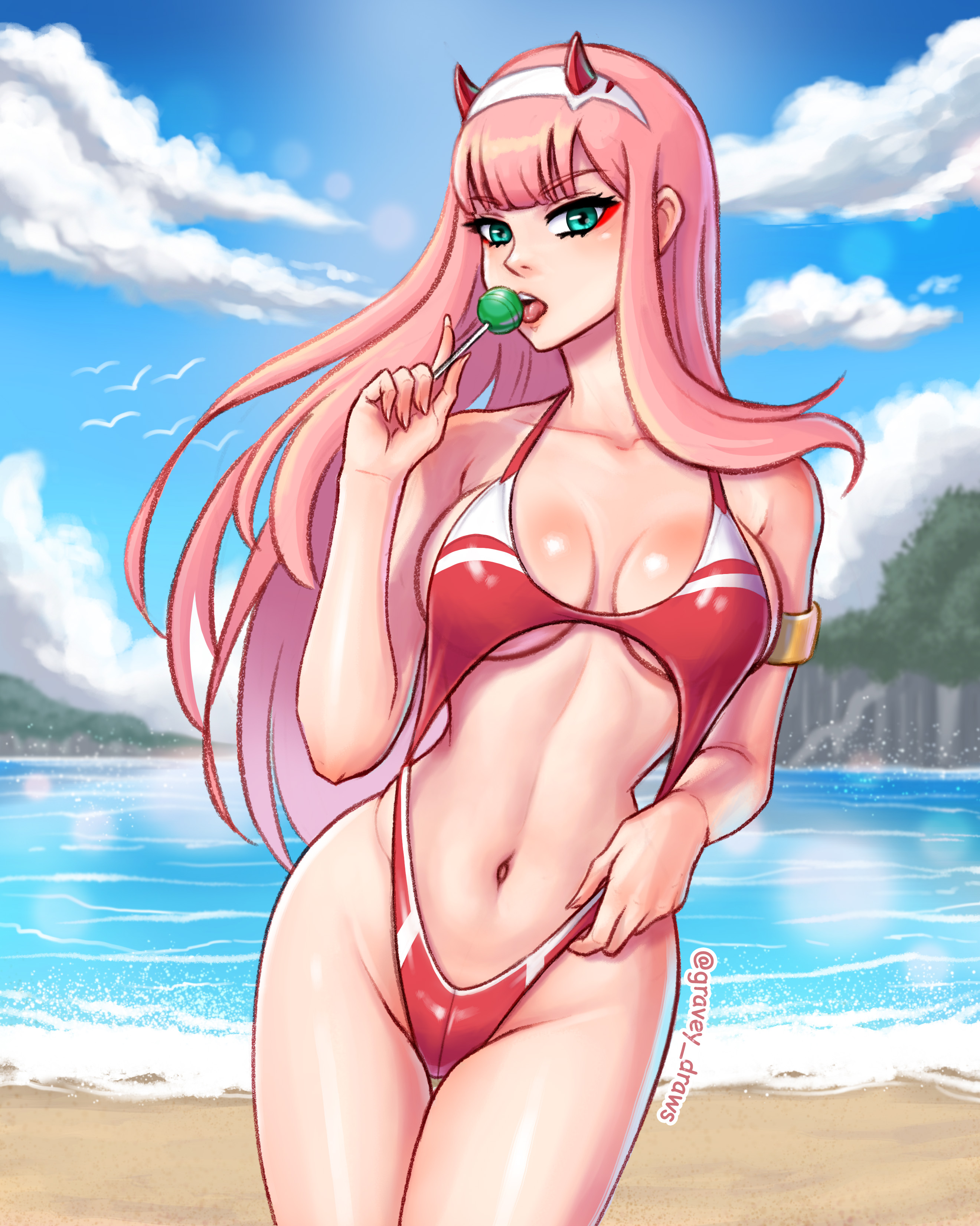 1girls, alternate version available, bangs, beach, blue sky, breasts, cleavage, darling in the franxx, female, gravey draws, green eyes, large breasts, licking lollipop, lollipop, long hair, looking at viewer, navel, ocean, one-piece swimsuit, outside, pink hair, solo, swimsuit, zero two (darling in the franxx)