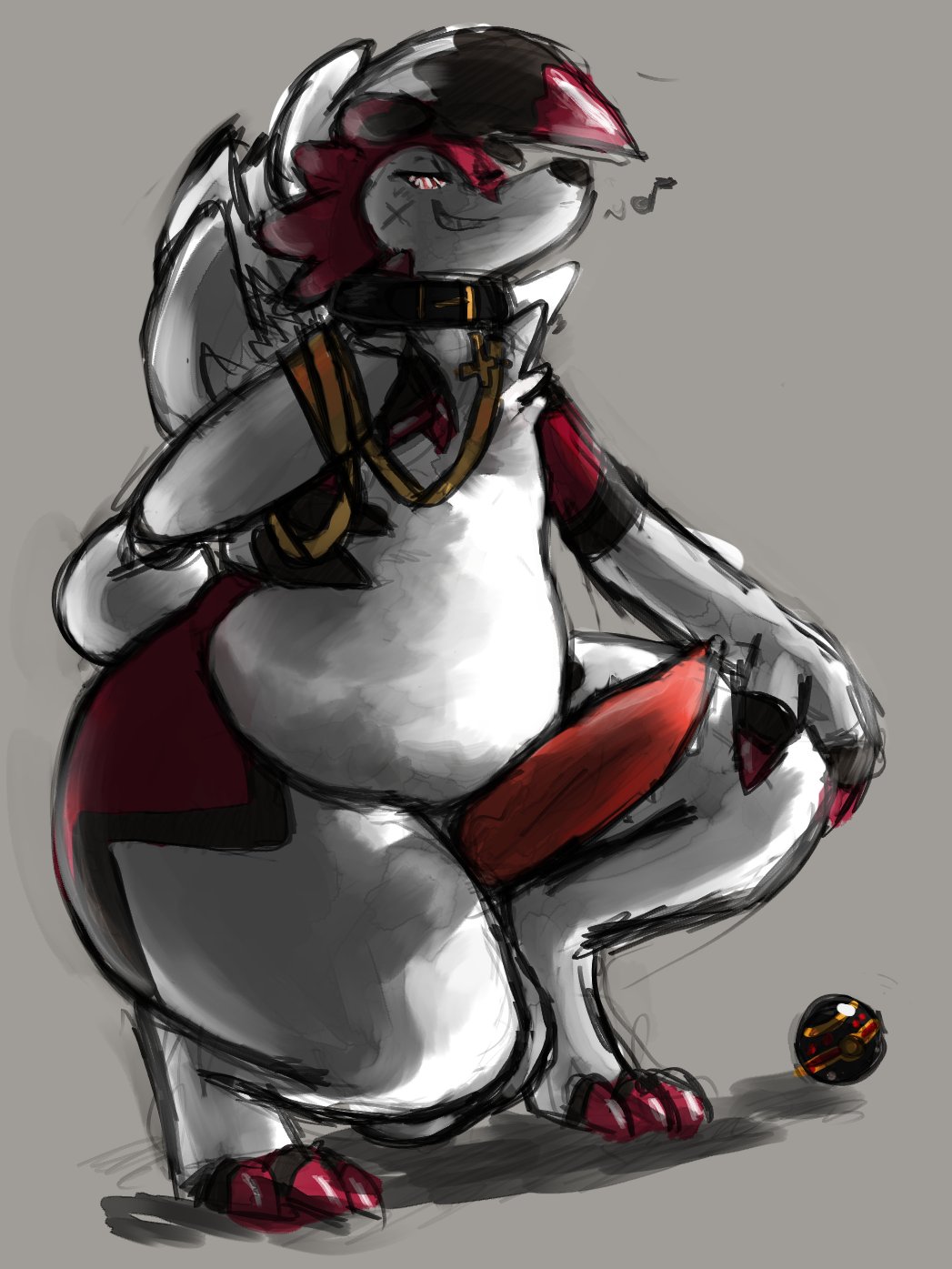 2021 anthro belly big_belly bodily_fluids collar cum erection fur generation_7_pokemon genital_fluids genitals hand_on_knee hand_on_leg hi_res looking_at_viewer lycanroc male musical_note nintendo penis pokeball pokemon pokemon_(species) raster_dreams red_body red_fur simple_background solo solo_focus white_belly