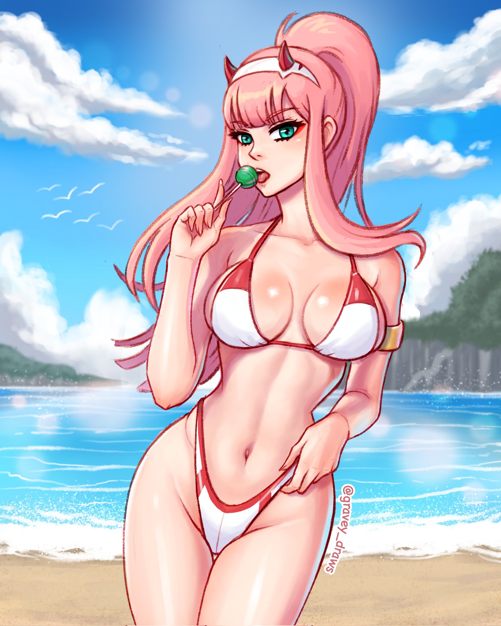 1girls, alternate version available, bangs, beach, bikini, blue sky, breasts, cleavage, darling in the franxx, female, gravey draws, green eyes, large breasts, licking lollipop, lollipop, looking at viewer, navel, ocean, outside, pink hair, ponytail, solo, swimsuit, zero two (darling in the franxx)
