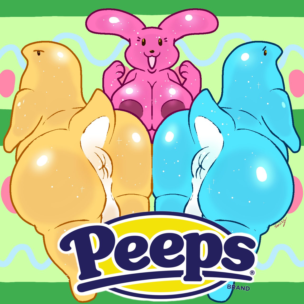 2d 2d_(artwork) anus areolae ass backsack bird blue_body breasts candy easter logo male/female peeps pink_body presenting_anus presenting_hindquarters rabbit rabbit_ears snazzy stubby_tail yellow_body