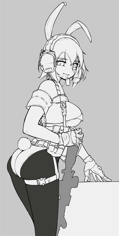 1girls, armedshipyard, assault rifle, bunny ears, bunny tail, bunnysuit, dog tags, escape from tarkov, female, female only, gun, headgear, monochrome, no color, pantyhose, sefia (armedshipyard)​, solo, solo female