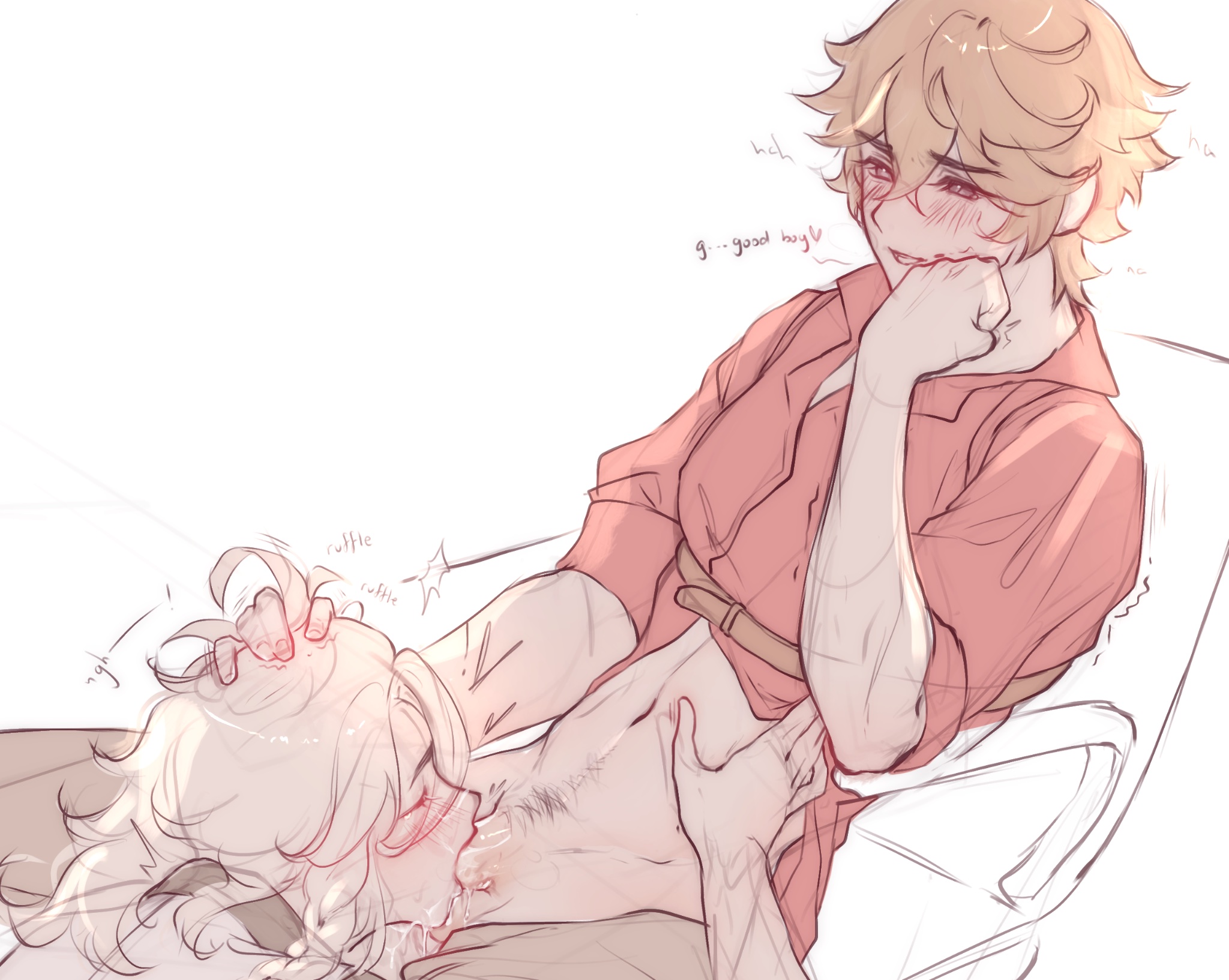 2boys, albedo (genshin impact), blowjob, blush, childe (genshin impact), cum drip, cum in mouth, deepthroat, fellatio, gay, gay blowjob, genshin impact, good boy, hand on head, hand on waist, male, sitting, tagme, tartaglia (genshin impact), trembling, yaoi