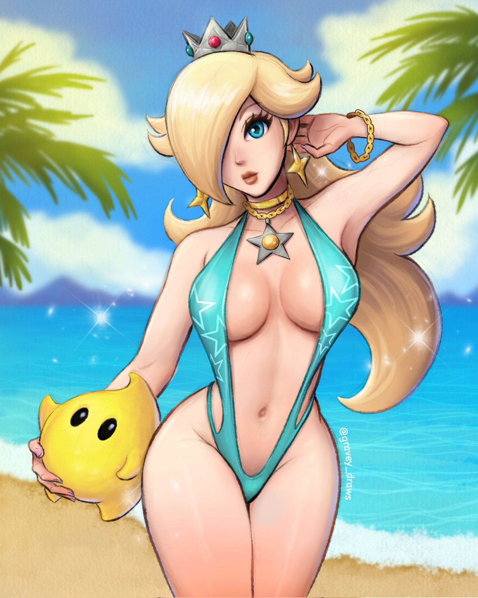 1girls, beach, blonde hair, blue eyes, bracelet, breasts, choker, cleavage, crown, earrings, female, gravey draws, hair over one eye, hourglass figure, large breasts, long hair, looking at viewer, luma, mario (series), navel, necklace, nintendo, princess rosalina, skimpy bikini, sling bikini, super mario galaxy