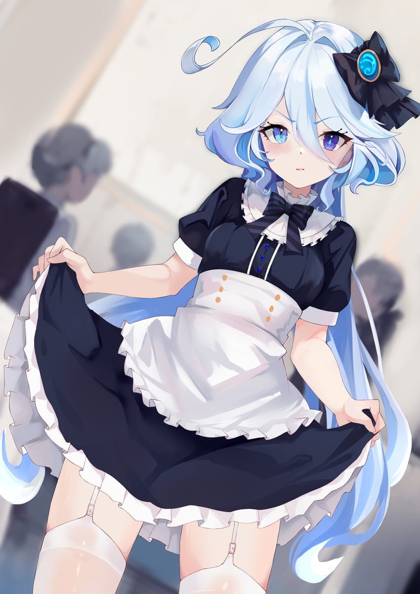 artist_request furina_(genshin_impact) genshin_impact holding_skirt hoyoverse maid maid_headdress