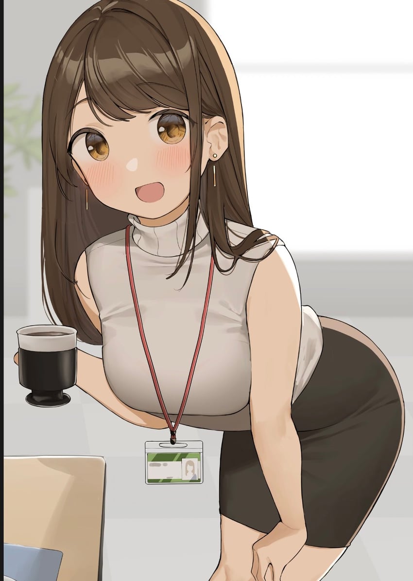 bent_over big_breasts blush brown_hair brown_skirt cup earrings female grey_shirt high-waist_skirt holding holding_cup id_card indoors jewelry lanyard long_hair office_lady ol-chan_(ol_mahonanoka) ol_mahonanoka open_mouth original pencil_skirt shirt skirt sleeveless sleeveless_turtleneck sweater turtleneck yellow_eyes