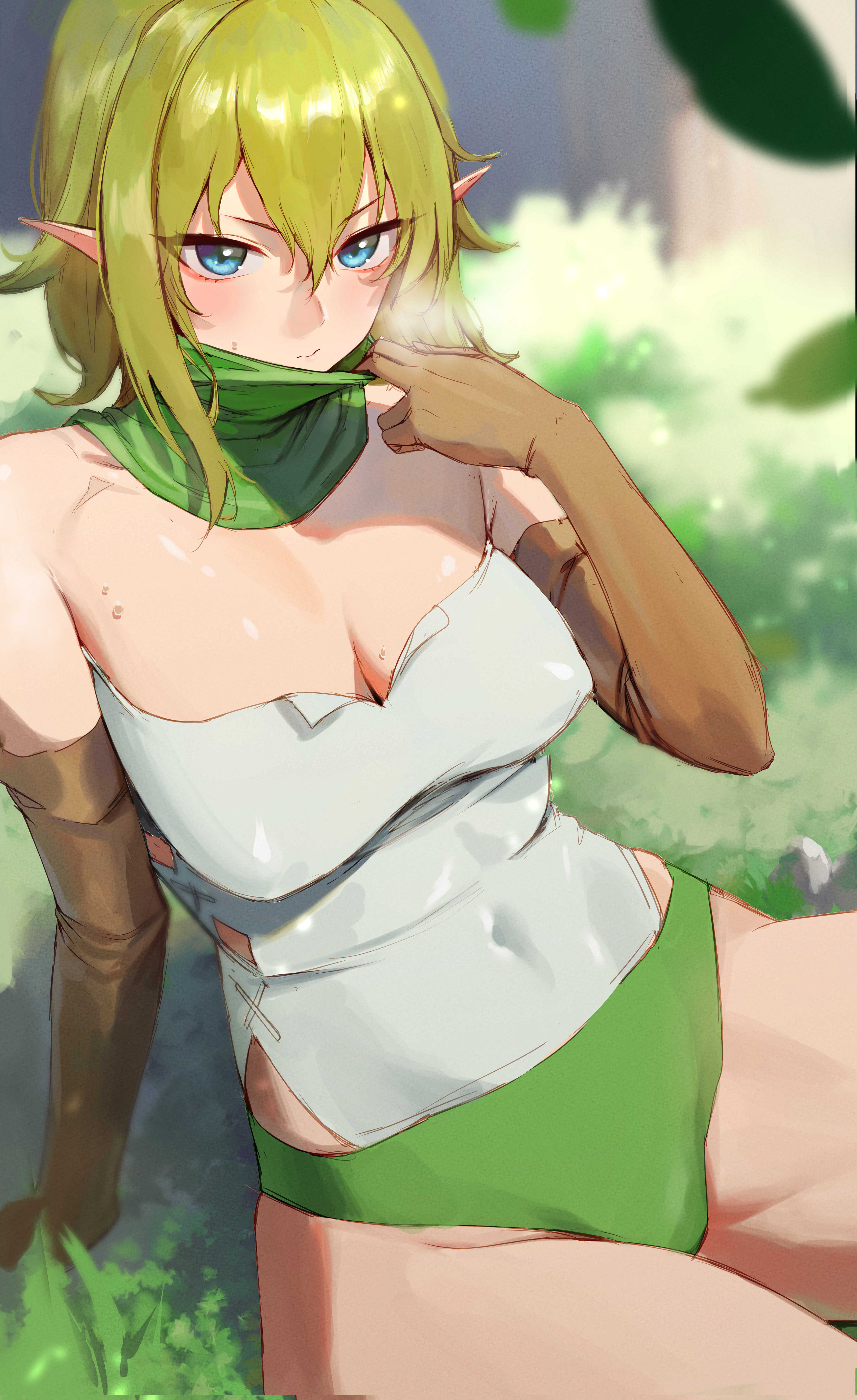 1girls, arms, big breasts, blonde hair, blue eyes, breasts, dungeon ni deai wo motomeru no wa machigatteiru darou ka, elf, elf ears, elf female, female, female only, hips, large breasts, legs, long gloves, looking at viewer, rororo, ryuu lion, scarf, short hair, shoulders, thighs