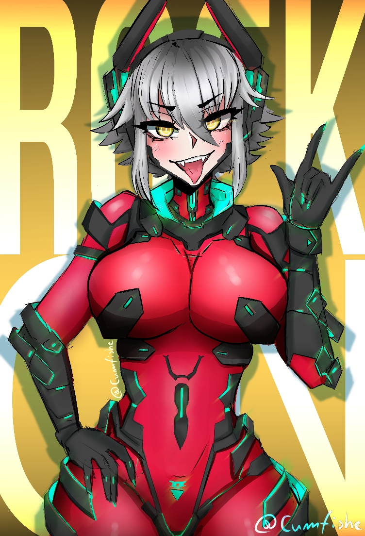 blush bodysuit breasts cumfishe cyborg gloves huge_breasts open_mouth pubic_tattoo sharp_teeth skin_tight smile thick_thighs thighs tongue tongue_out virtual_youtuber vshojo white_hair wide_hips yellow_eyes zentreya