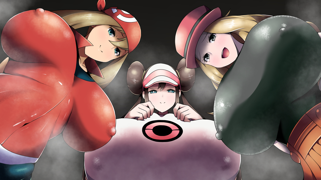3girls, alternate version available, big breasts, black eyes, blue eyes, breast focus, breasts, brown hair, busty, double bun, female, female only, game freak, hair, hat, headwear, huge breasts, large breasts, long hair, looking down, may (pokemon), multiple females, multiple girls, nipple bulge, norio (pheromosa times), pokemon, pokemon bw, pokemon rse, pokemon xy, rosa (pokemon), serena (pokemon games), serena (pokemon), smile, steam, steamy, visor