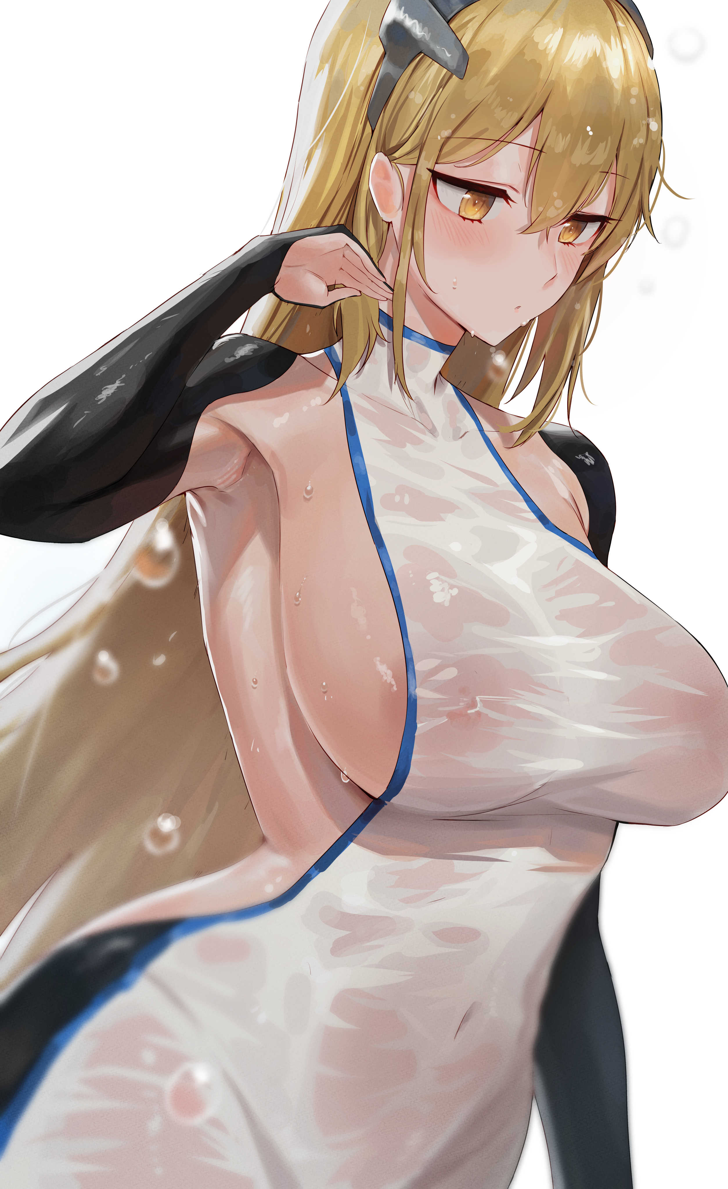1girls, aiz wallenstein, alternate breast size, areola, areolae, areolae visible through clothing, armpits, arms, big breasts, blonde hair, breasts, clothed, dungeon ni deai wo motomeru no wa machigatteiru darou ka, female, female only, gold eyes, hips, huge breasts, large breasts, long gloves, rororo, shoulders, sleeves, waist, wet, wet clothes, yellow eyes