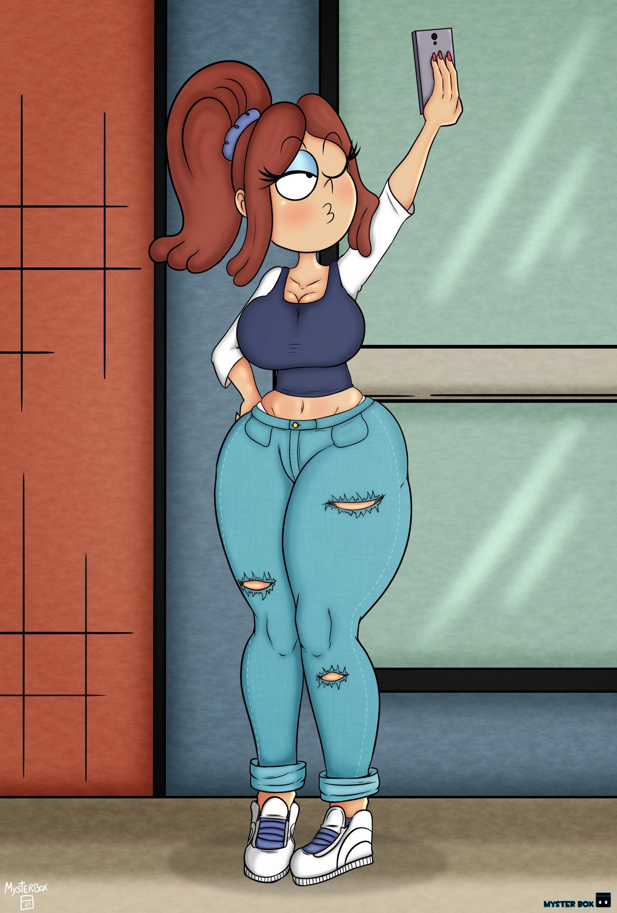 big_breasts big_hips brita_(the_loud_house) clothed_female female milf myster_box outside ripped_clothing ripped_jeans ripped_pants rita_loud selfie selfie_pose solo solo_female the_loud_house