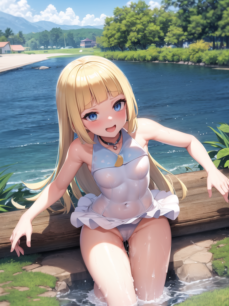 ai generated, bathing, female, lake, lillie (pokemon), one-piece swimsuit, pokemon, stable diffusion, wet