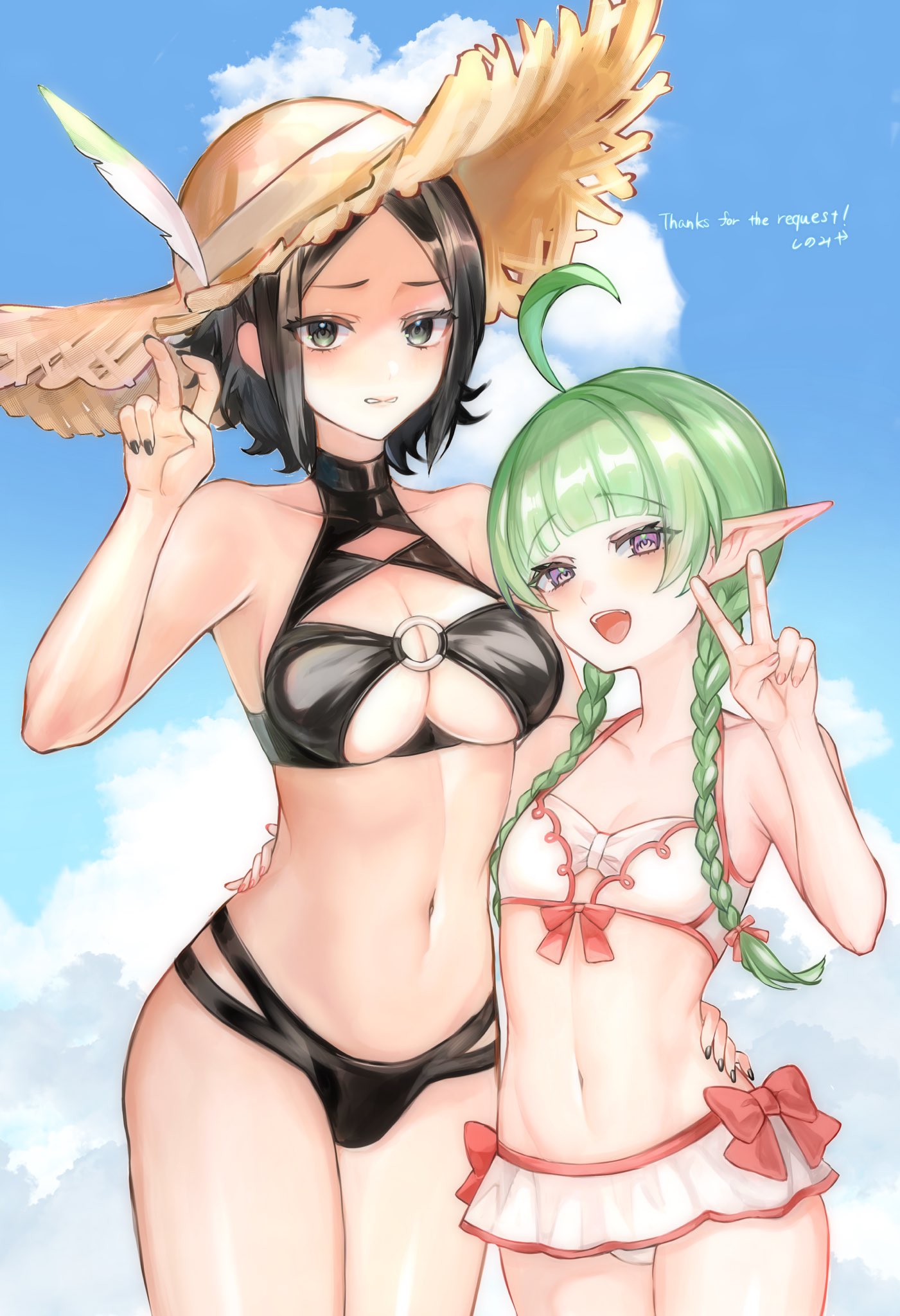2girls, ahoge, alternate costume, arm around waist, bare thighs, bikini, bikini skirt, black bikini, black hair, black nails, black swimsuit, breasts, cleavage, female, female only, fire emblem, fire emblem awakening, frown, green eyes, green hair, hat, long green hair, long hair, looking at viewer, medium breasts, multiple females, multiple girls, nah (fire emblem), nail polish, nintendo, noire (fire emblem), open mouth, osiri siri siri, outdoors, pink nails, pointy ears, purple eyes, short black hair, short hair, small breasts, smile, sun hat, swimsuit, thighs, twintails, white bikini, white swimsuit
