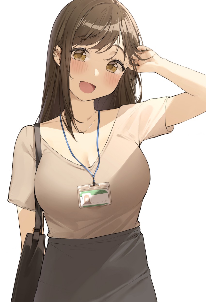 :d bag beige_shirt big_breasts blush breasts brown_eyes brown_hair cleavage female hand_in_own_hair handbag high-waist_skirt id_card jewelry lanyard large_breasts long_hair looking_at_viewer necklace office_lady ol-chan_(ol_mahonanoka) ol_mahonanoka open_mouth original skirt smile solo standing v-neck