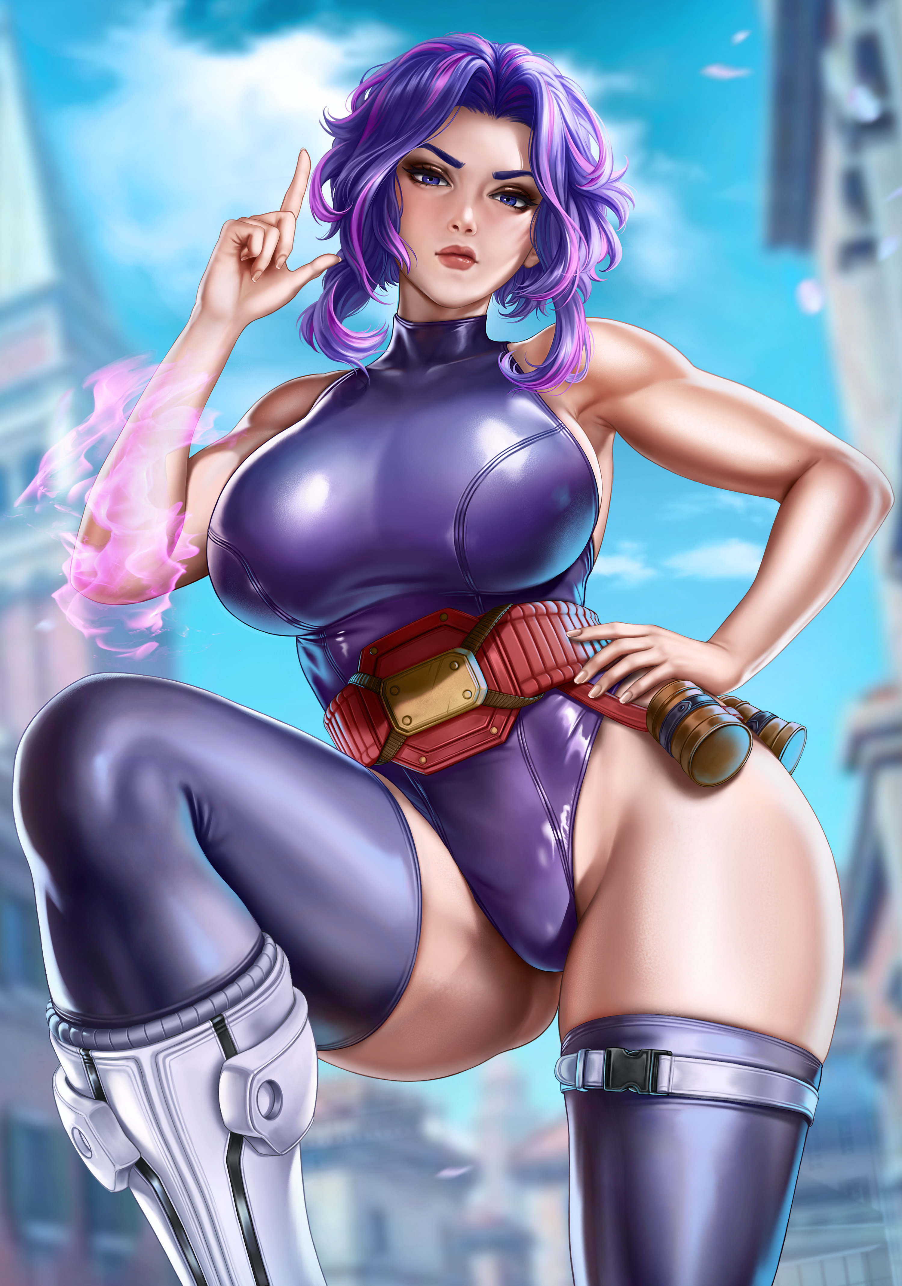 1girls, 2023, 2d, 2d (artwork), absurd res, absurdres, alternate version available, assassin, bare arms, bare shoulders, big breasts, big hips, boots, breasts, busty, busty female, child bearing hips, city background, clothed, clothed female, clothing, dandon fuga, day, energy, female, female only, fit, fit female, hand on hip, hand on own hip, high resolution, highres, huge breasts, kaina tsutsumi, lady nagant, large breasts, large filesize, leotard, light skin, light-skinned female, looking at viewer, mature, mature female, medium hair, multicolored hair, my hero academia, one leg raised, one leg up, posing, powers, purple eyes, purple hair, purple leotard, purple thighhighs, purple-haired female, questionable, sfw, smoke, solo, solo female, standing, supervillain, supervillainess, thick, thick female, thick hips, thighhighs, toned, toned body, toned female, urban, very high resolution, white boots, wide hips