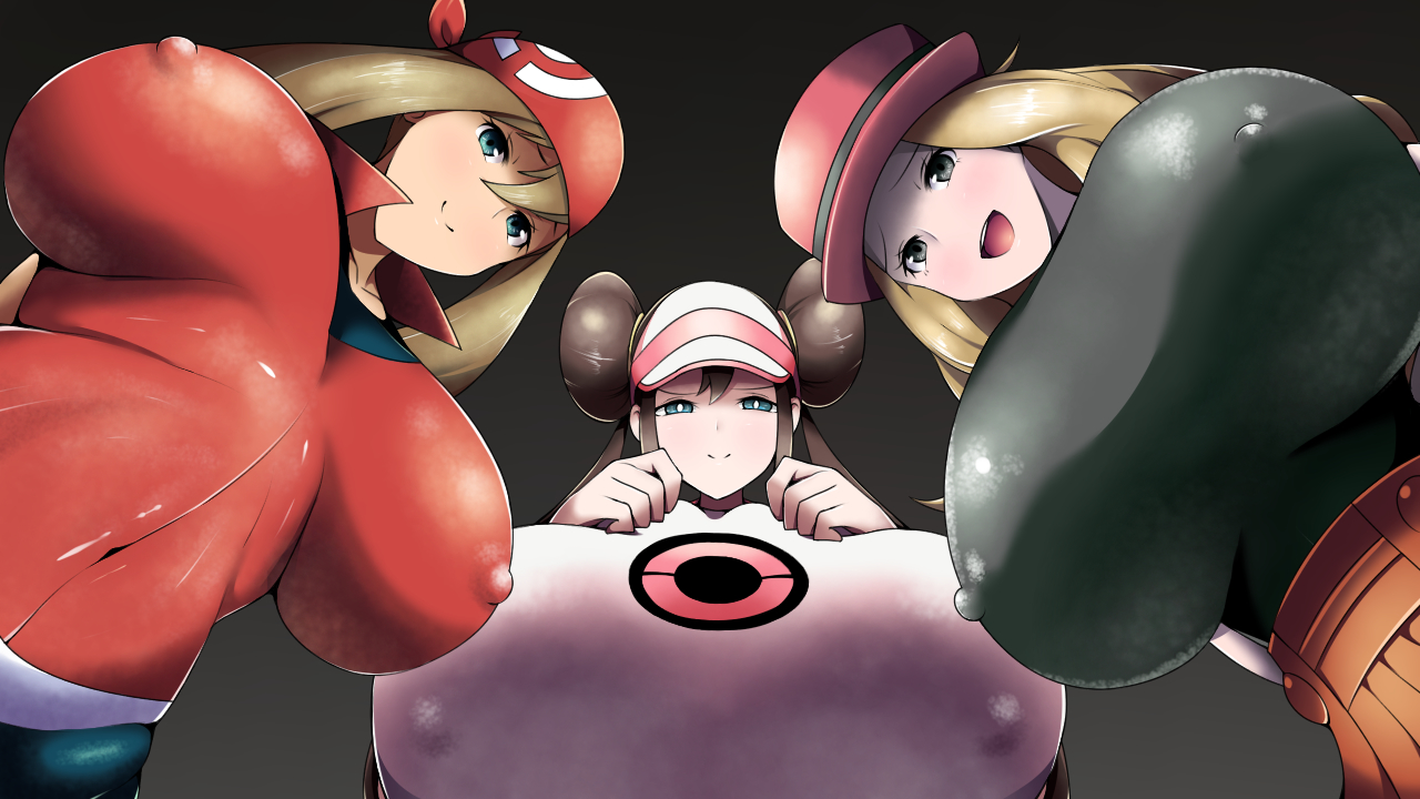 3girls, alternate version available, big breasts, black eyes, blue eyes, breast focus, breasts, brown hair, busty, double bun, female, female only, game freak, hair, hat, headwear, huge breasts, large breasts, long hair, looking down, may (pokemon), multiple females, multiple girls, nipple bulge, norio (pheromosa times), pokemon, pokemon bw, pokemon rse, pokemon xy, rosa (pokemon), serena (pokemon games), serena (pokemon), smile, visor