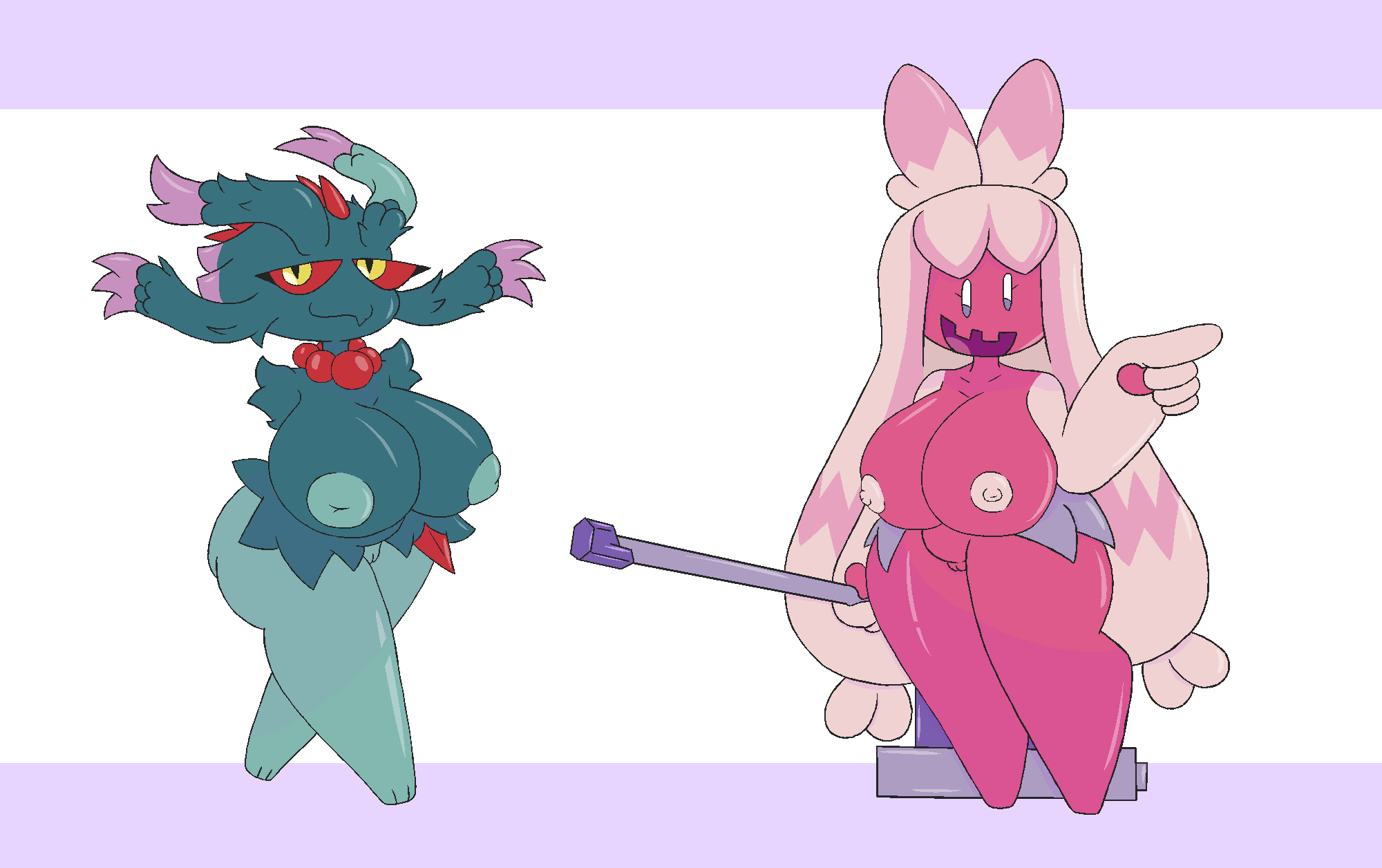 2girls big_breasts dark_tome female_only flutter_mane multiple_girls nintendo paradox_pokemon pokémon_(species) pokemon pokemon_sv thick_thighs tinkaton