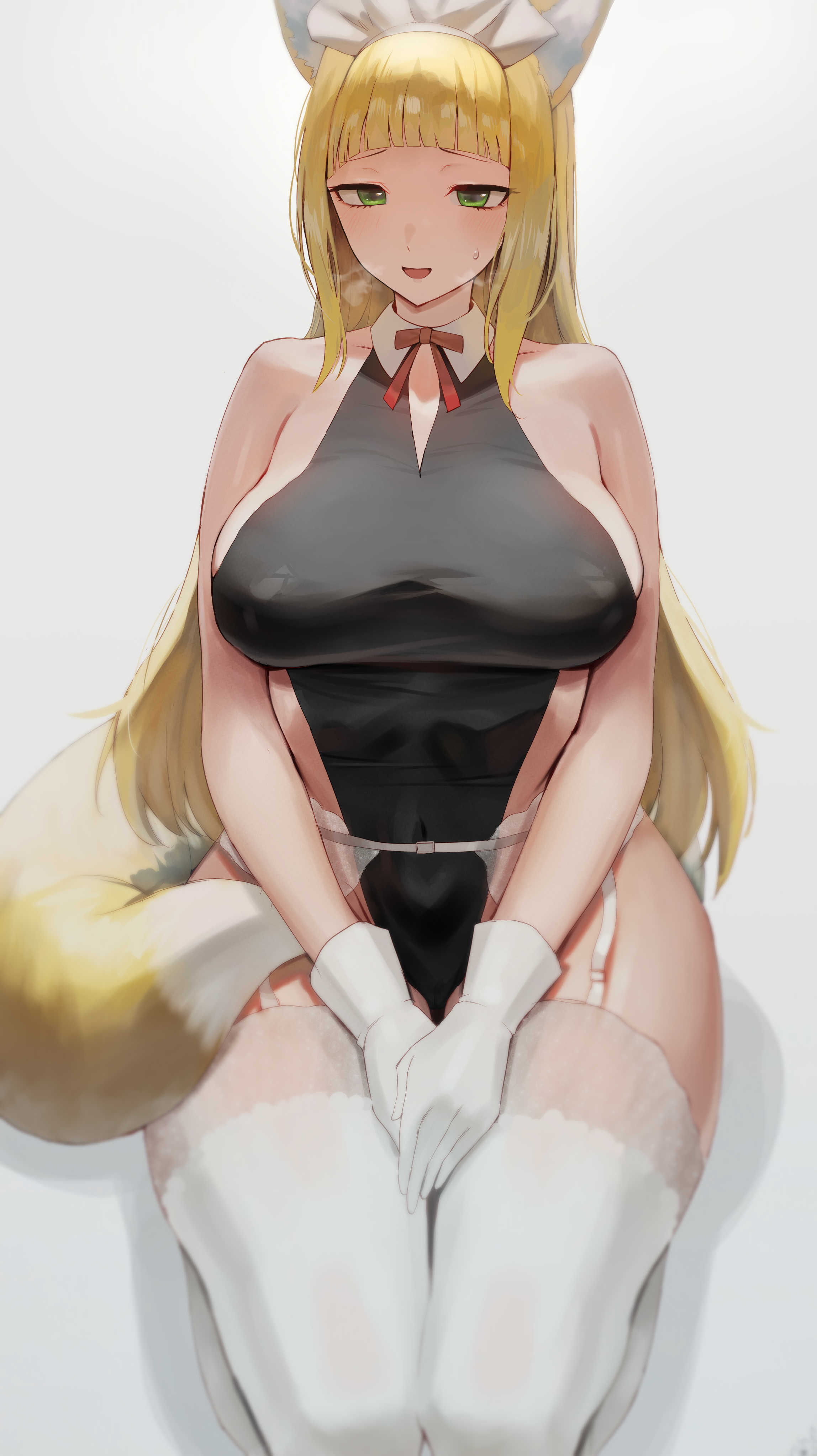 1girls, animal ears, arms, big breasts, blonde hair, blunt bangs, blush, breasts, collar, collarbone, dungeon ni deai wo motomeru no wa machigatteiru darou ka, female, fox ears, fox girl, fox tail, garter belt, garter straps, gloves, green eyes, heavy breathing, large breasts, legs, leotard, rororo, sanjouno haruhime, shoulders, sideboob, thick thighs, thighhighs, thighs